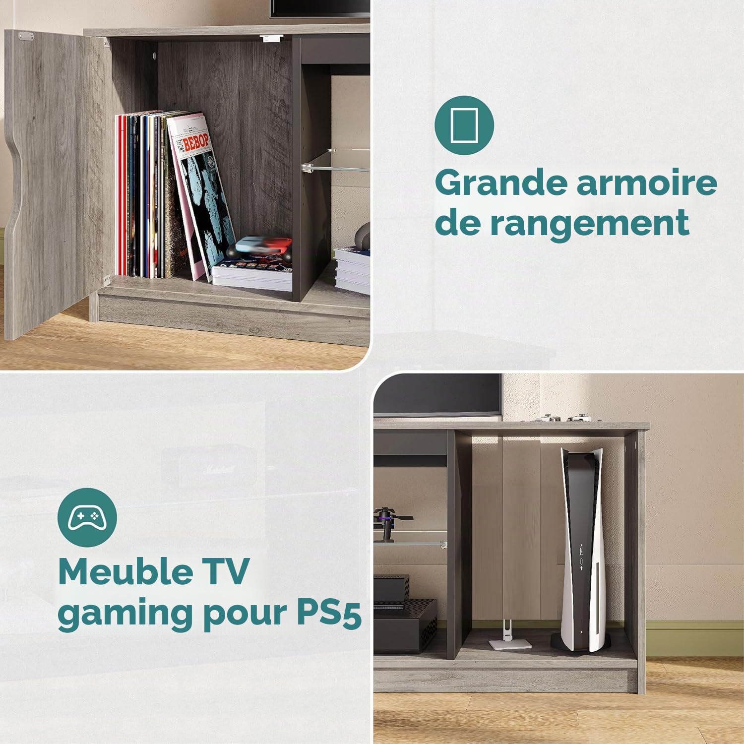 Bestier Support TV LED de 145 cm pour TV de 55/60/65" avec Armoire pour PS5, Moderne, avec étagères en Verre réglables, pour Salon, Chambre à Coucher