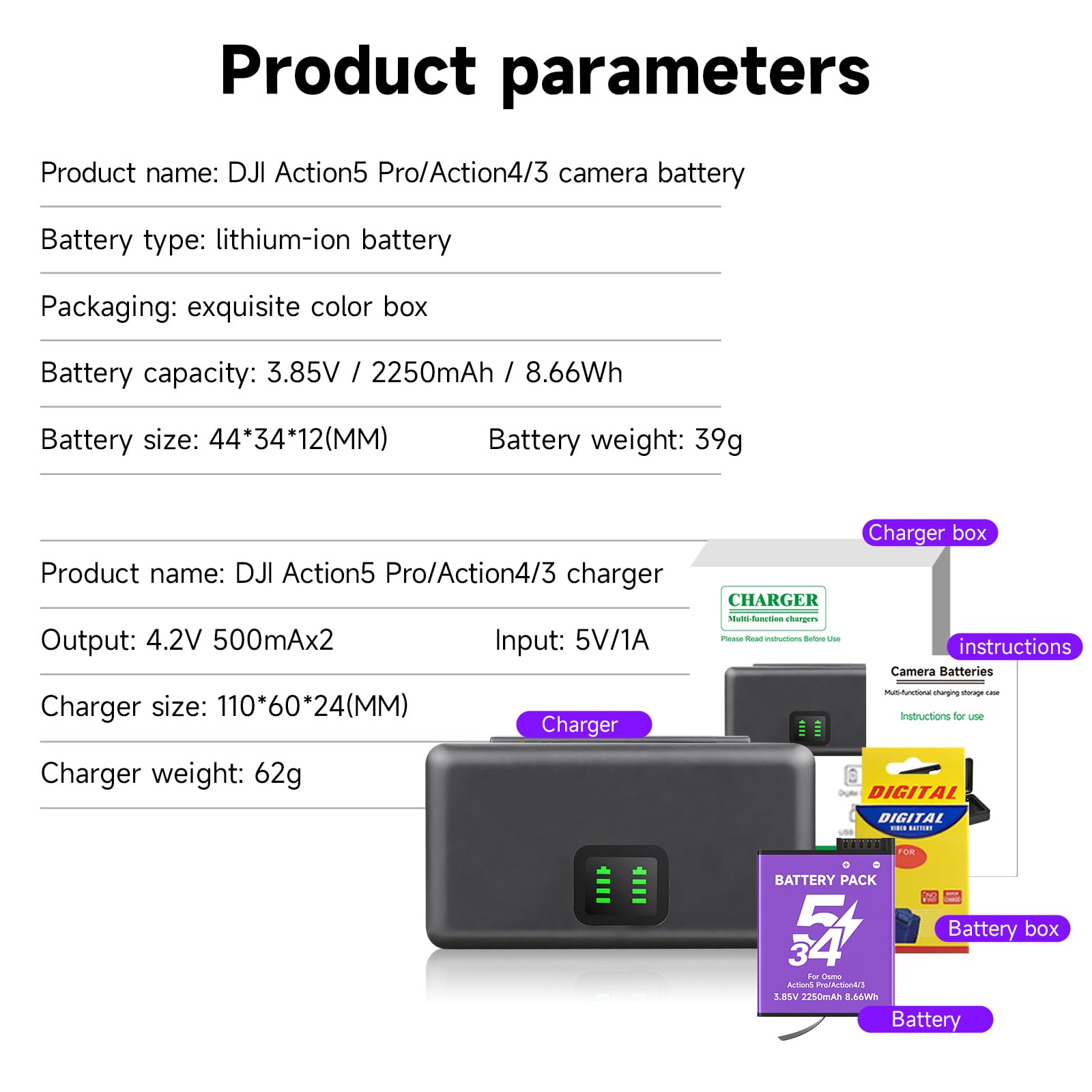 CITYORK 2250 mAh (Paquete de 3) Kit de Cargador de batería para dji Osmo 360/ dji Osmo Action 6 Pro/Action 5 Pro/Osmo 4 /Osmo 3 Sport Camera, y Ranuras de Doble Canal, con Pantalla LCD y Cable USB