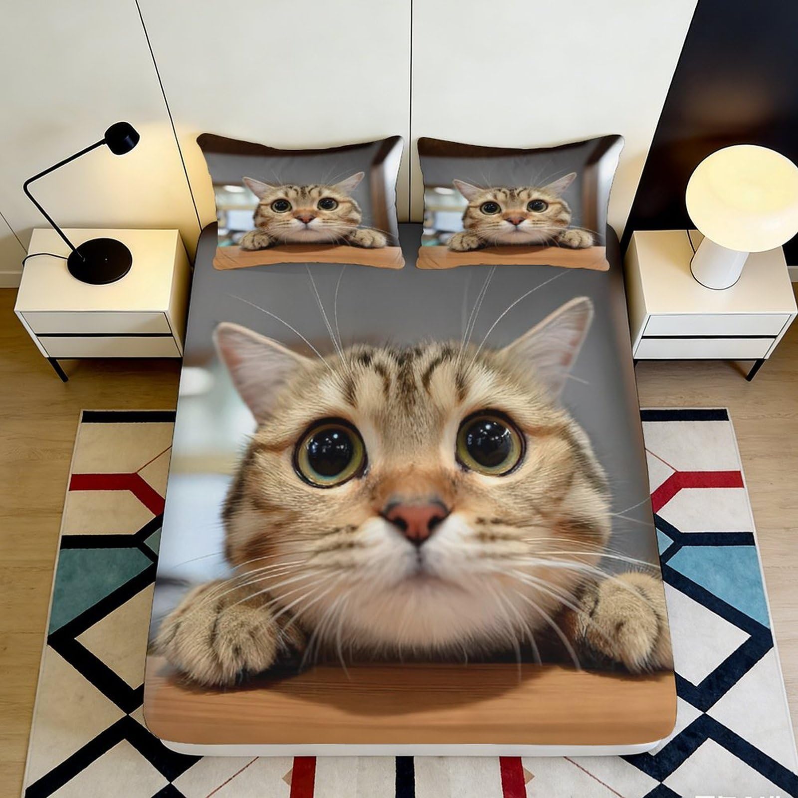 3D Printed Cute Big Eyed Cat Fitted Sheet Microfiber Soft Breathable Realistic Kitten Mattress Cover for Bedroom Dorm Mattress Protection Decor 90x200x25cm