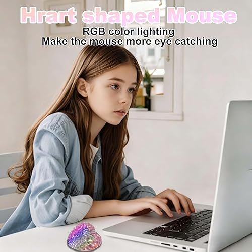 Miniatura 5 de Ratón inalámbrico Bluetooth lindo diamante brillante rosa forma de corazón 2.4 G+Bluetooth modo dual ligero portátil silencioso ratón con luz LED