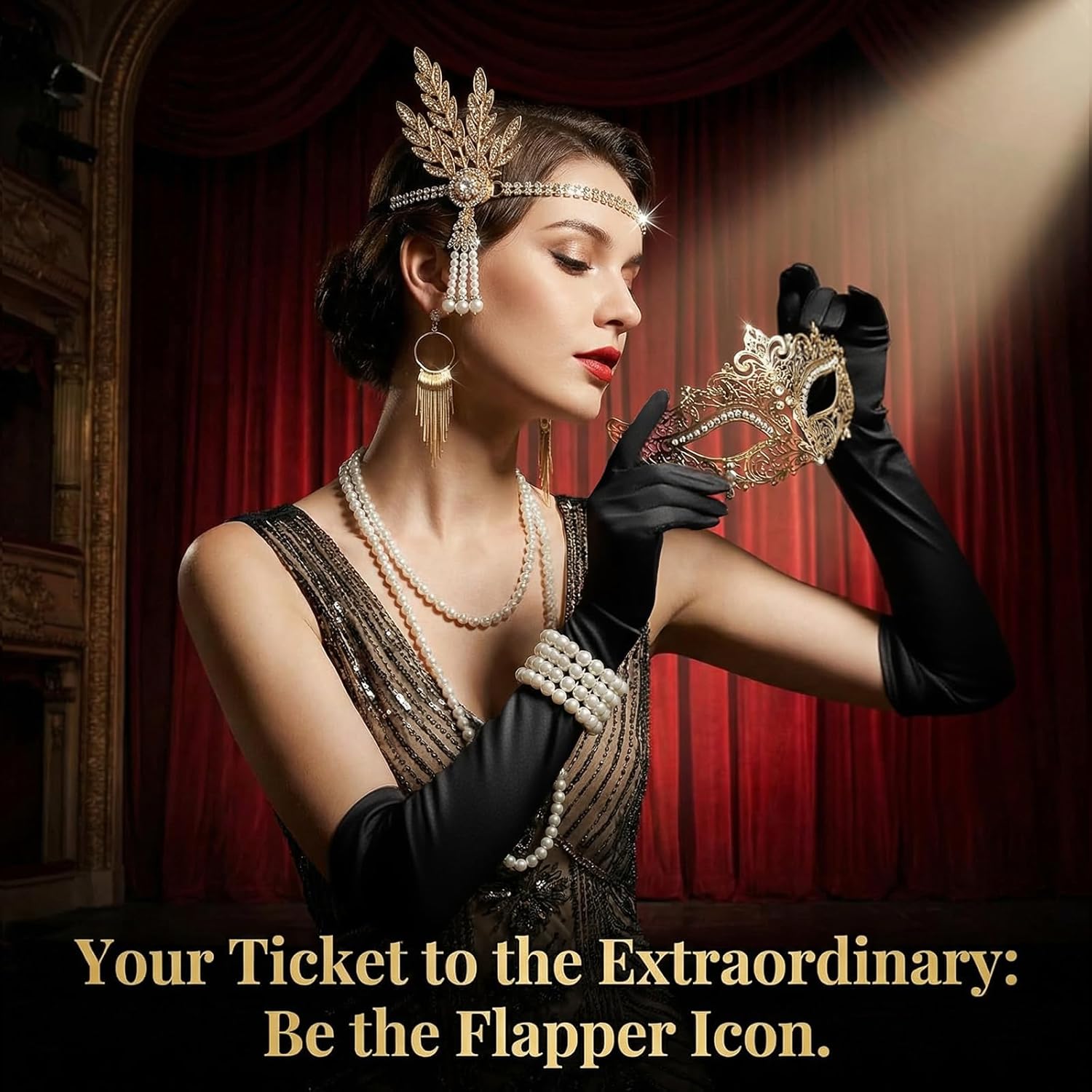 Hiceeden 6 Pcs 1920s Flapper Accessories for Women, Roaring 20s Accessories for Party, Flapper Costume Set Includes Headband, Necklace, Gloves, Earrings, Bracelet - Image 8