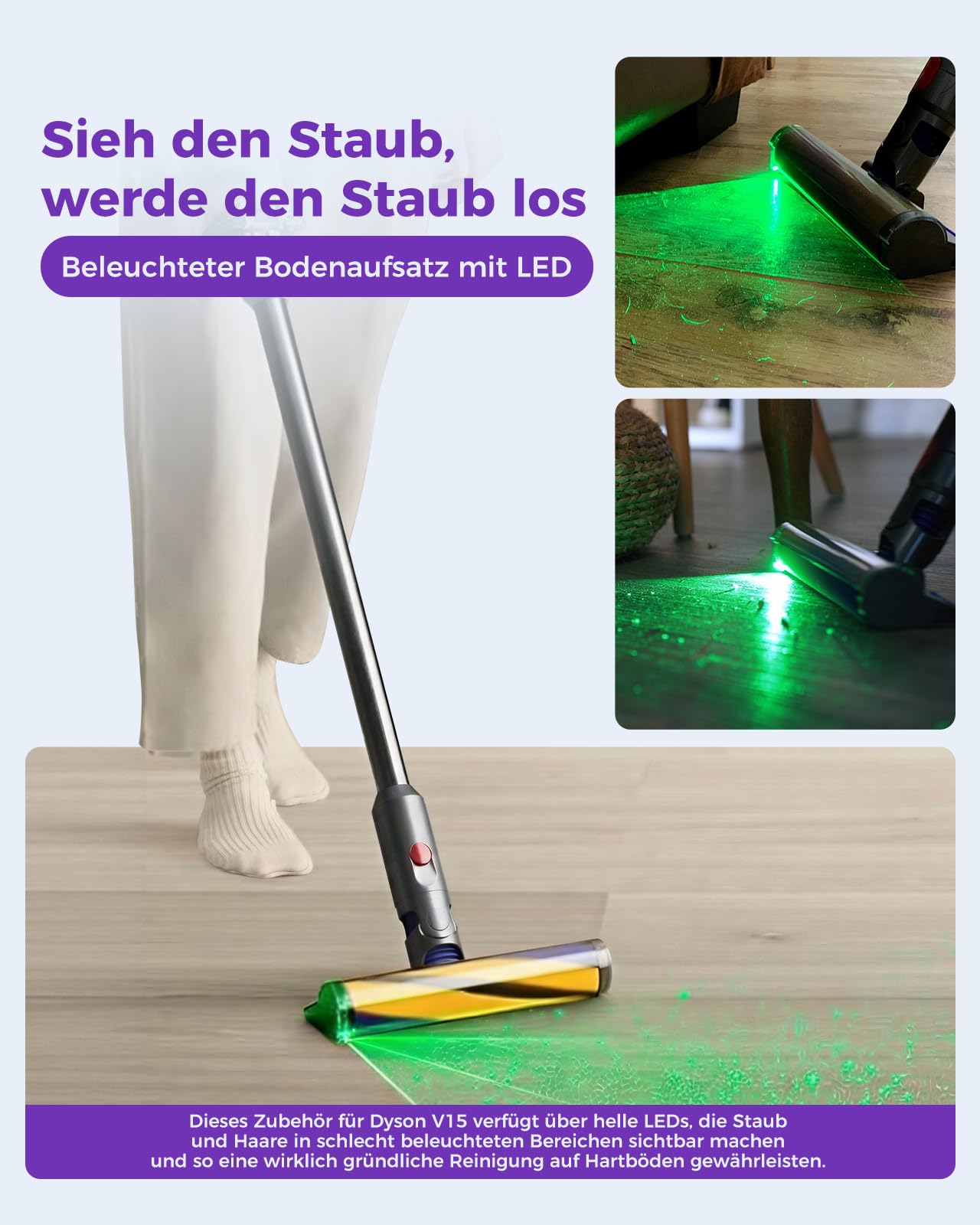V15 Fluffy Optic Reinigungskopf für Dyson V15 V11 V10 V8 V7, Stauberkennung mit grünem Licht, Weichwalzenaufsatz für Hart- und Holzböden | LED macht Staub sichtbar, reinigt dunkle Bereiche, flexibler Hals für Möbel, weicher Stoßschutz, leichtes Design