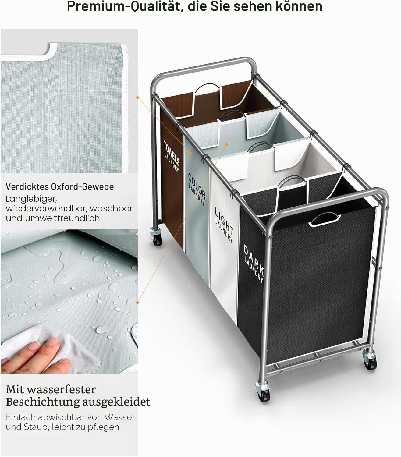 ROMOON Wäschesortierer, 4 Abschnitte, Wäschesammler mit Rädern, rollender Wäschekorb mit großer Kapazität und abnehmbaren Taschen für Kleideraufbewahrung, mehrfarbig