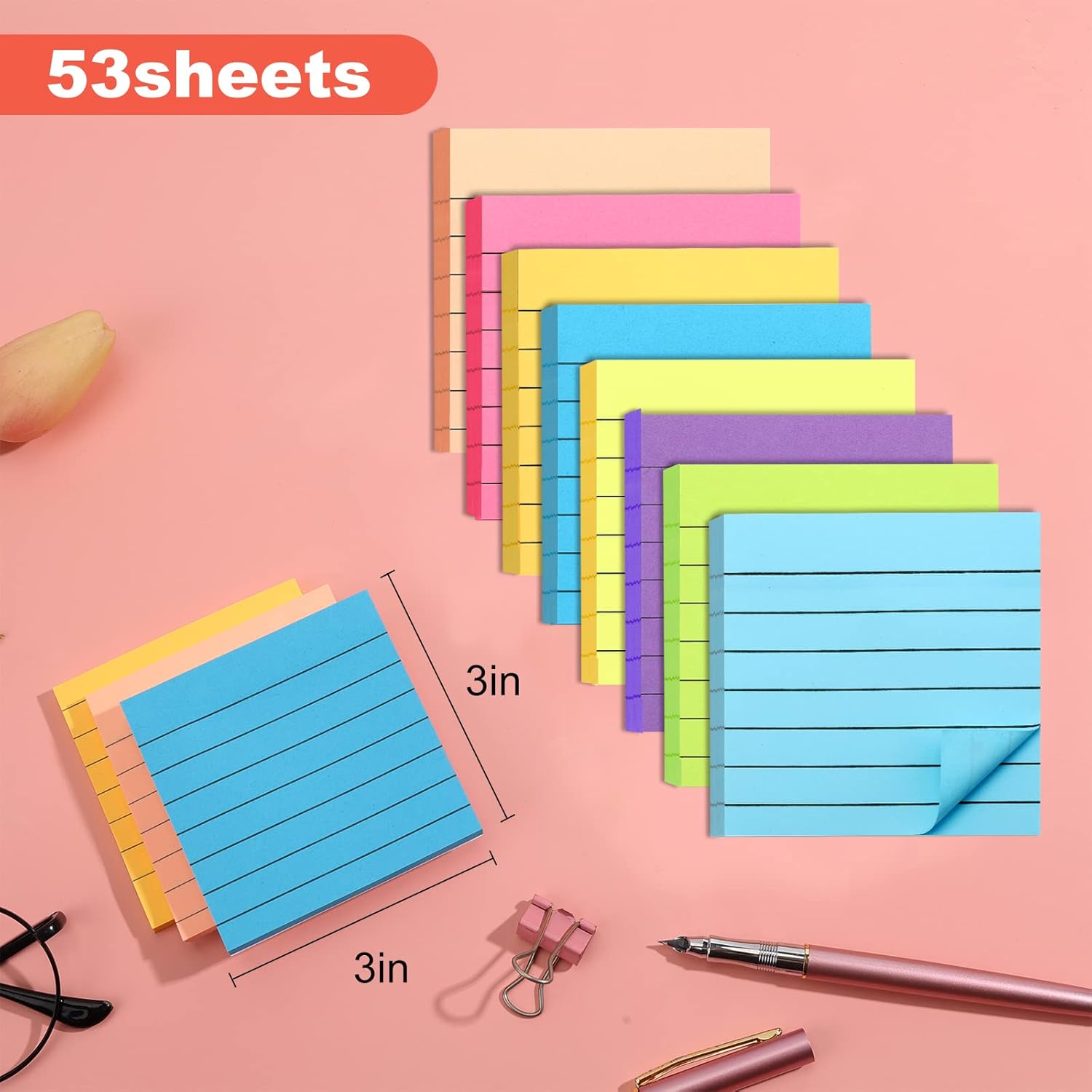 LJ010 32 Pack Lined Sticky Notes 3x3, Bright Ruled Post Stickies Self Adhesive Memo Papers with Lines for Office, Home, School, Meeting