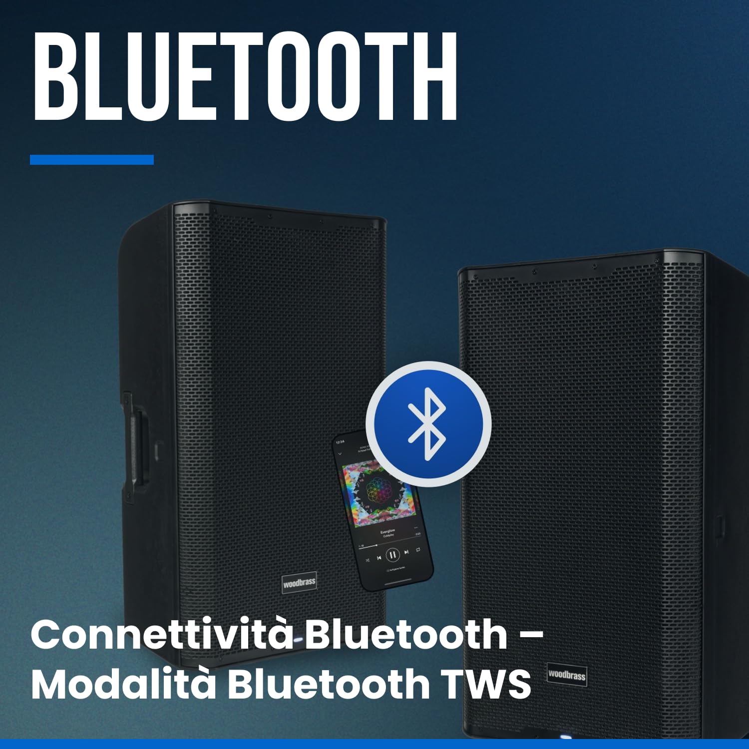 WOODBRASS DXPRO 15 altoparlante attivo amplificato audio potente Bluetooth 15" - Class-D 125db - robusto, trasportabile, 3 ingressi, senza fili, DSP - DJ, conferenza, concerto