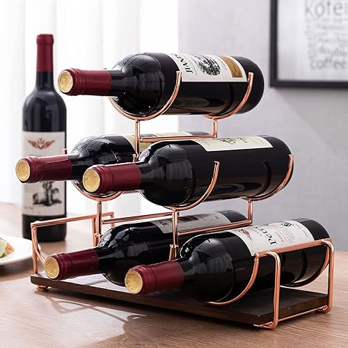 Miniatura 3 de MyGift Estante de vino de oro rosa, 6 botellas, moderno, de mesa, de alambre de metal, apilado, soporte para vino con base de madera quemada