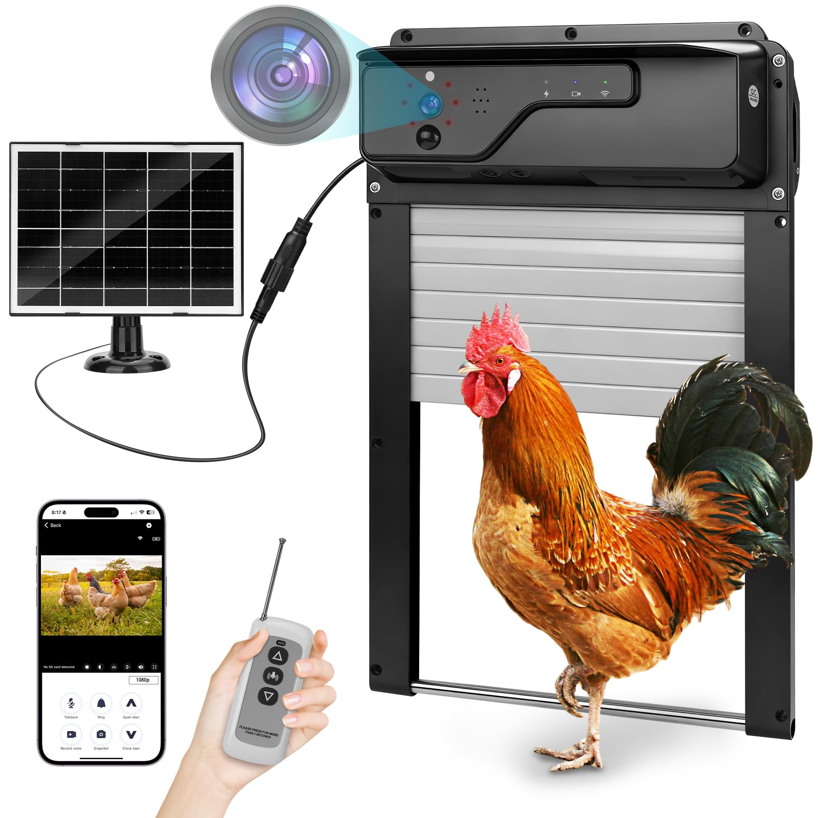 Hühnertür Automatisch Solar mit 1080P-Kamera, WLAN-App-Steuerung | Hühnerklappe Elektrisch mit Sprachaufruf-Funktion & Timer, Fernbedienung, Einklemmschutz, 5000mAh Batterie Rolltor-Design