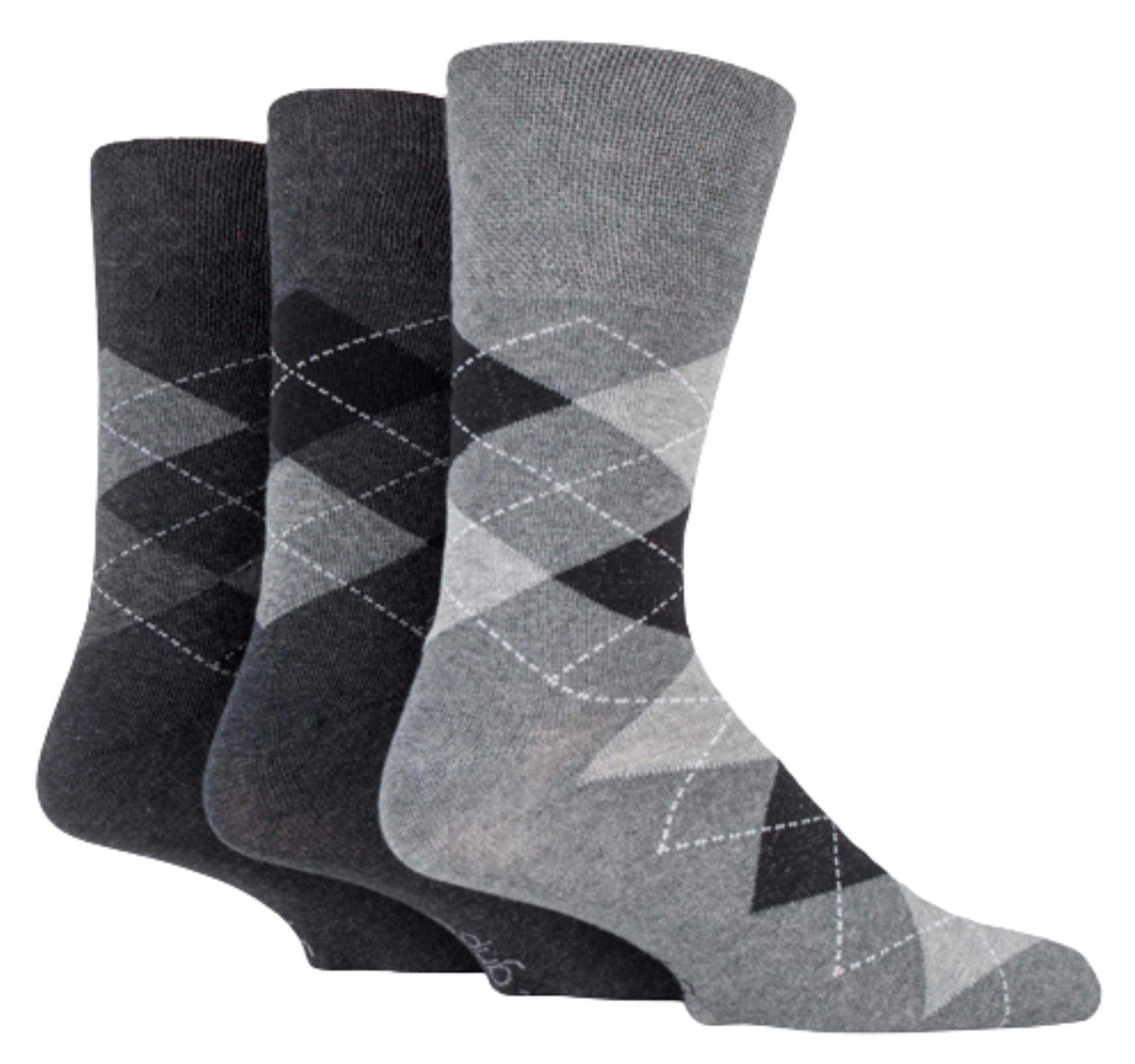 Gentle Grip Mens 3 Pair Argyle Cotton Socks Argyle Black/Charcoal 6-11