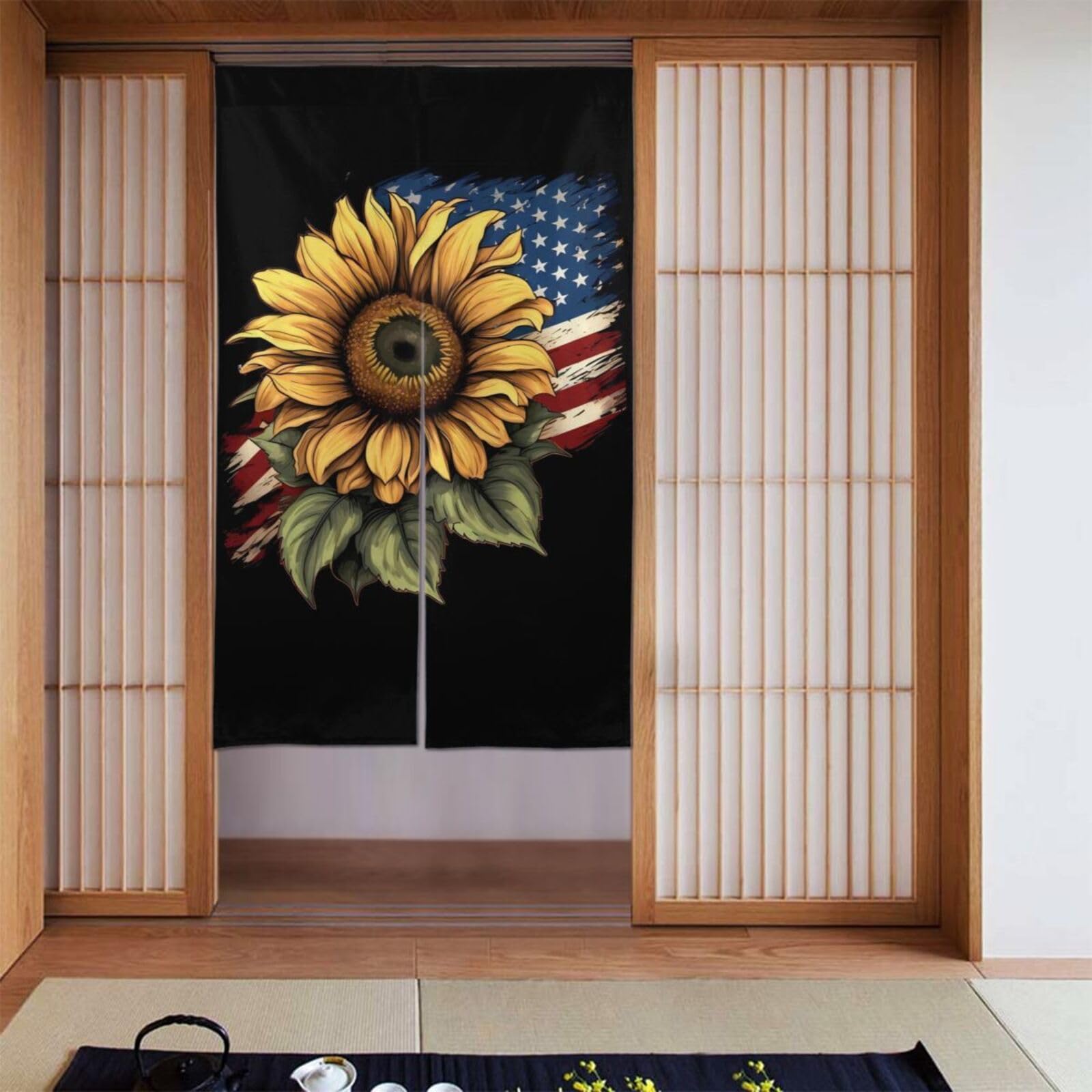 Lukiyys USA Flag Sunflower Symbol Patriotic July Independence Door Curtains,Doorways Curtains for Windows,Bedroom Divider 34"X 56"