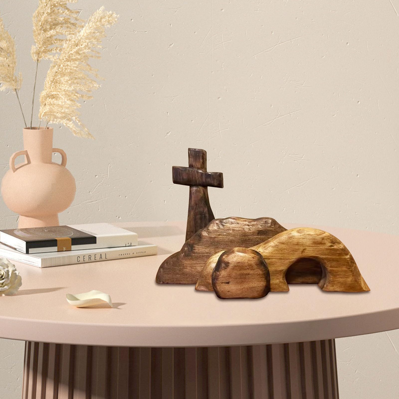 GGXDH Osterkrippe Holz Osterszene Dekoration, Handgefertigte Jesus Krippe Holzkreuz Osterfigur Auferstehungs Szenen Set, Ostern Jesus Schild Etagere Tablett Dekorationen für Zuhause Tischplatte Büro