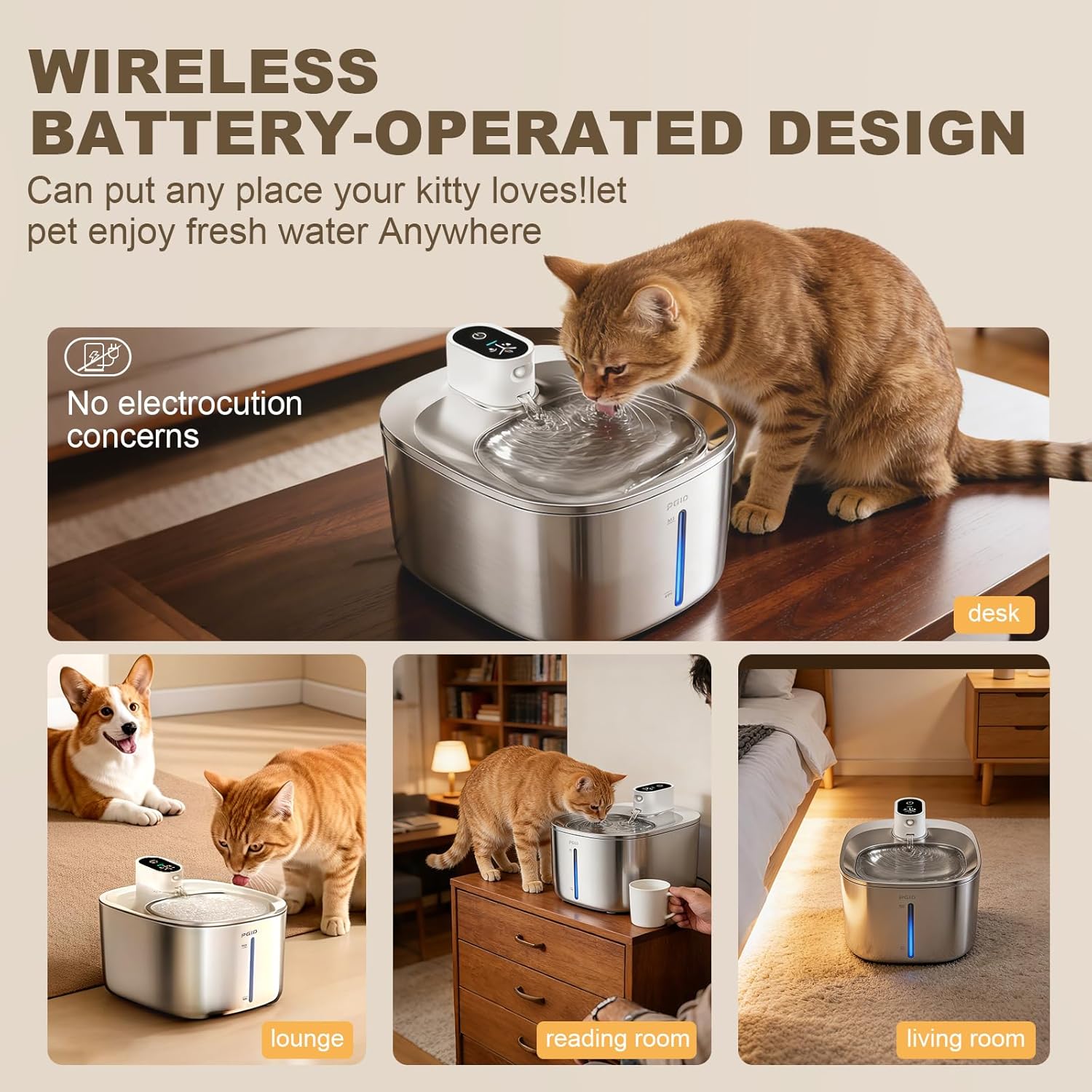 Wireless Cat Water Fountain Stainless Steel,4.5L Cordless Pet Fountains for Dringking,5000mah Battery Operated Cat Water Pountain,Automatic Dog Dispenser w Pet Hair Remover Gloves