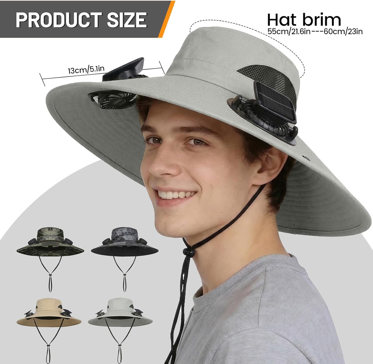 Solar Fan Hat, Wide Brim Sun Hat with 2 Built-in Solar Fans, UPF 50+ Sun Protection Outdoor Fishing Hiking Camping Beach