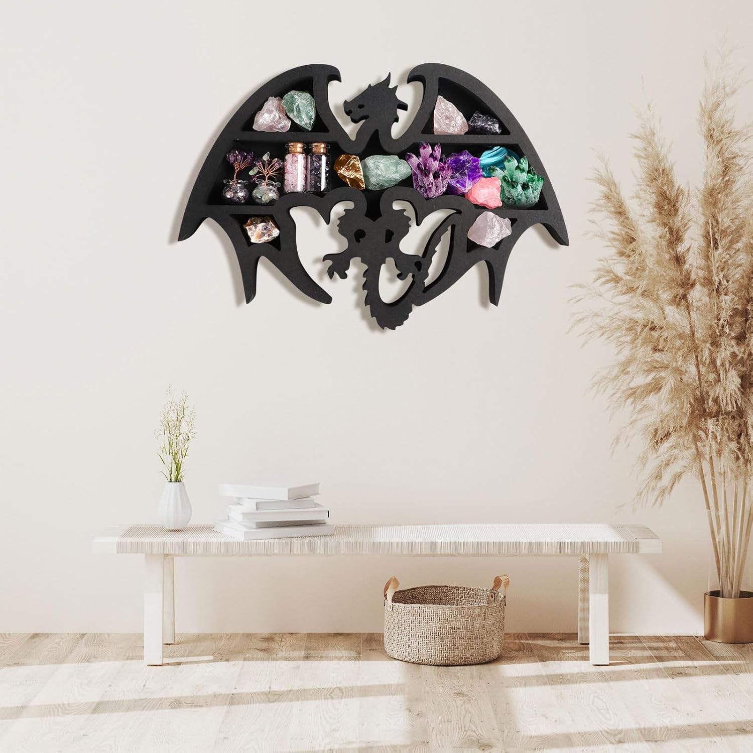 Wooden Floating Shelf Dragon Design Unique Room Decor Crystal & Rock Display Shelf, Floating Wall Shelves with Dragon Design for Rocks, Crystals, Oils, Stones, Plants 14x9.4inch