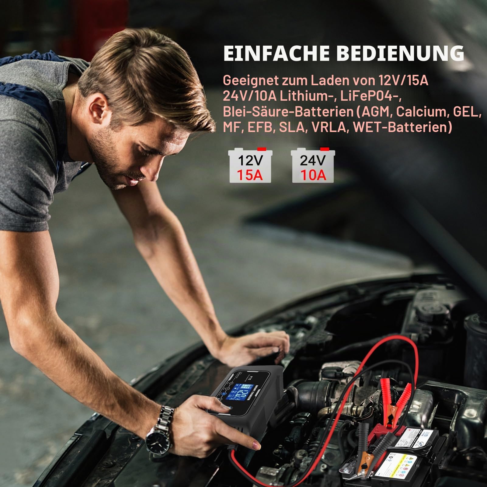 HTRC 15A AutobatterieLadegerät 12V/24V für AGM, Gel, EFB, LiFePO4-Akkus | Batterieladegerät fürs Auto mit Temperaturkompensation, Erhaltungsladung und Impulsreparatur für Motorrad, Wohnmobil und Boot