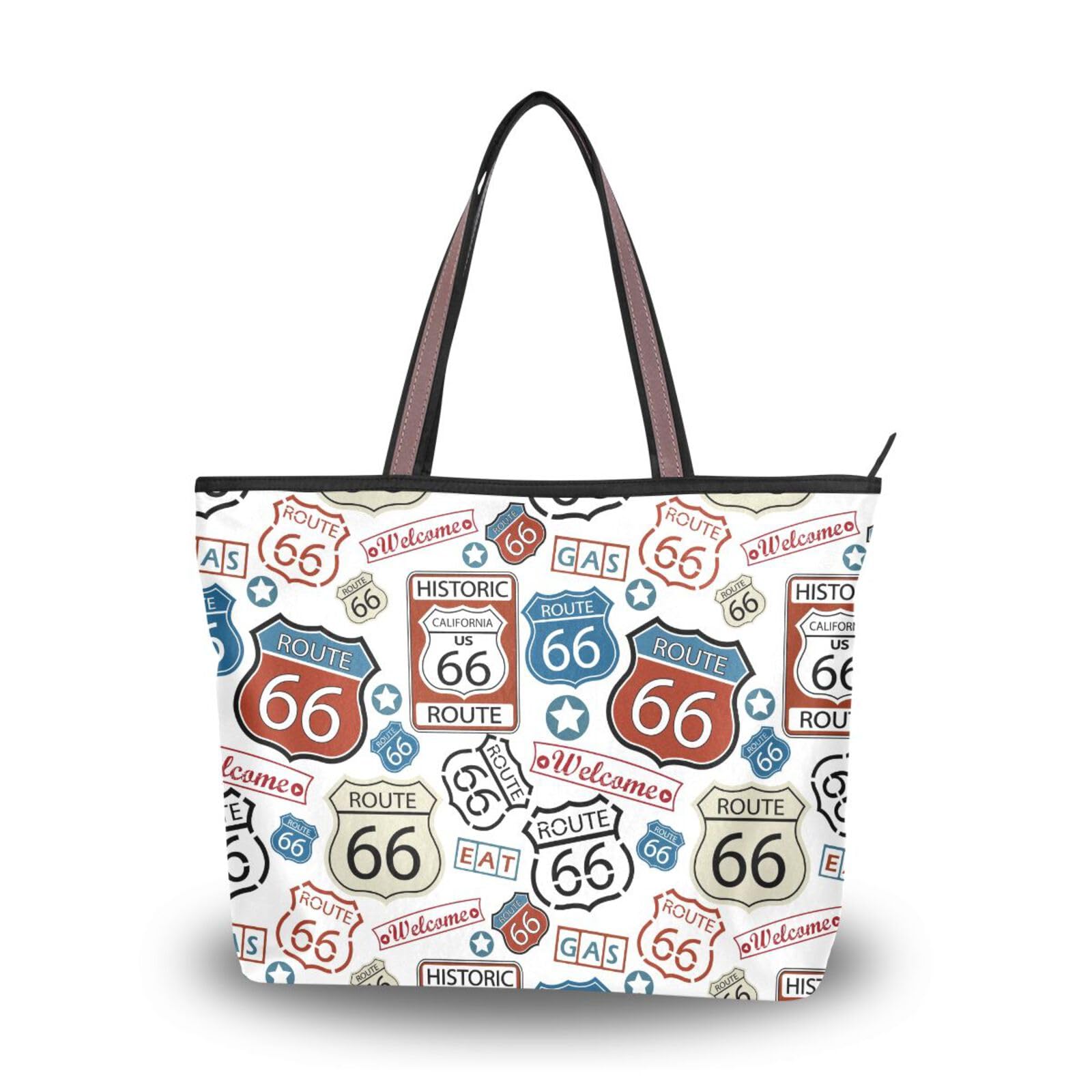 Yasala Women Top Handle Bag Route 66 Cute Large Beach Tote Bag with Zipper Weekender Handbag Stylish Purse Valentines Romantic Holiday Present for Lover, Mother, Wife