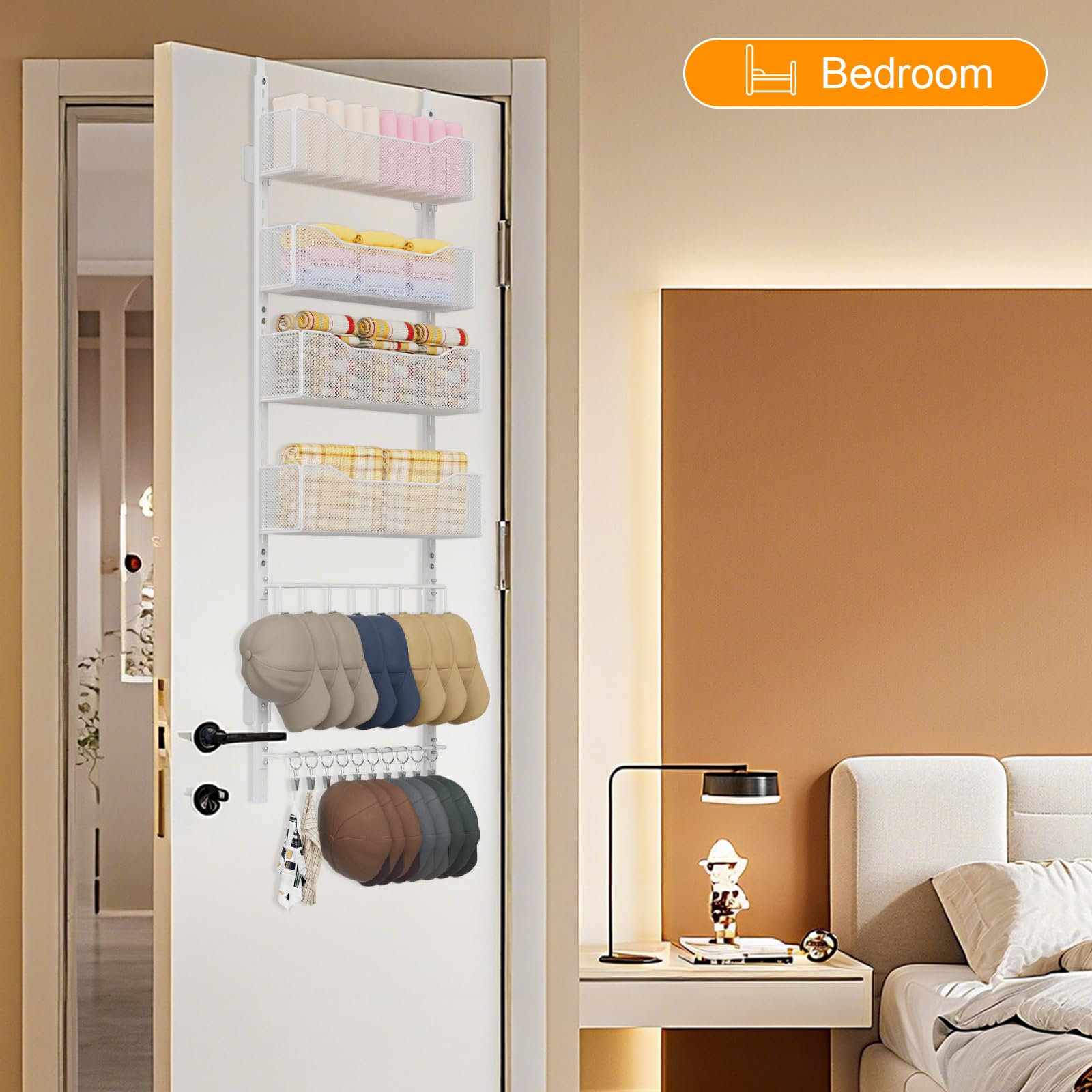 Über-der-Tür-Organizer, 2-in-1-Kleiderschrank-Organizer und Hutablage aus Metall mit 4 Verstellbaren Körben, 8 Haken, 10 Clips, Aufbewahrung hinter der Tür für Schlafzimmer, Badezimmer (weiß)