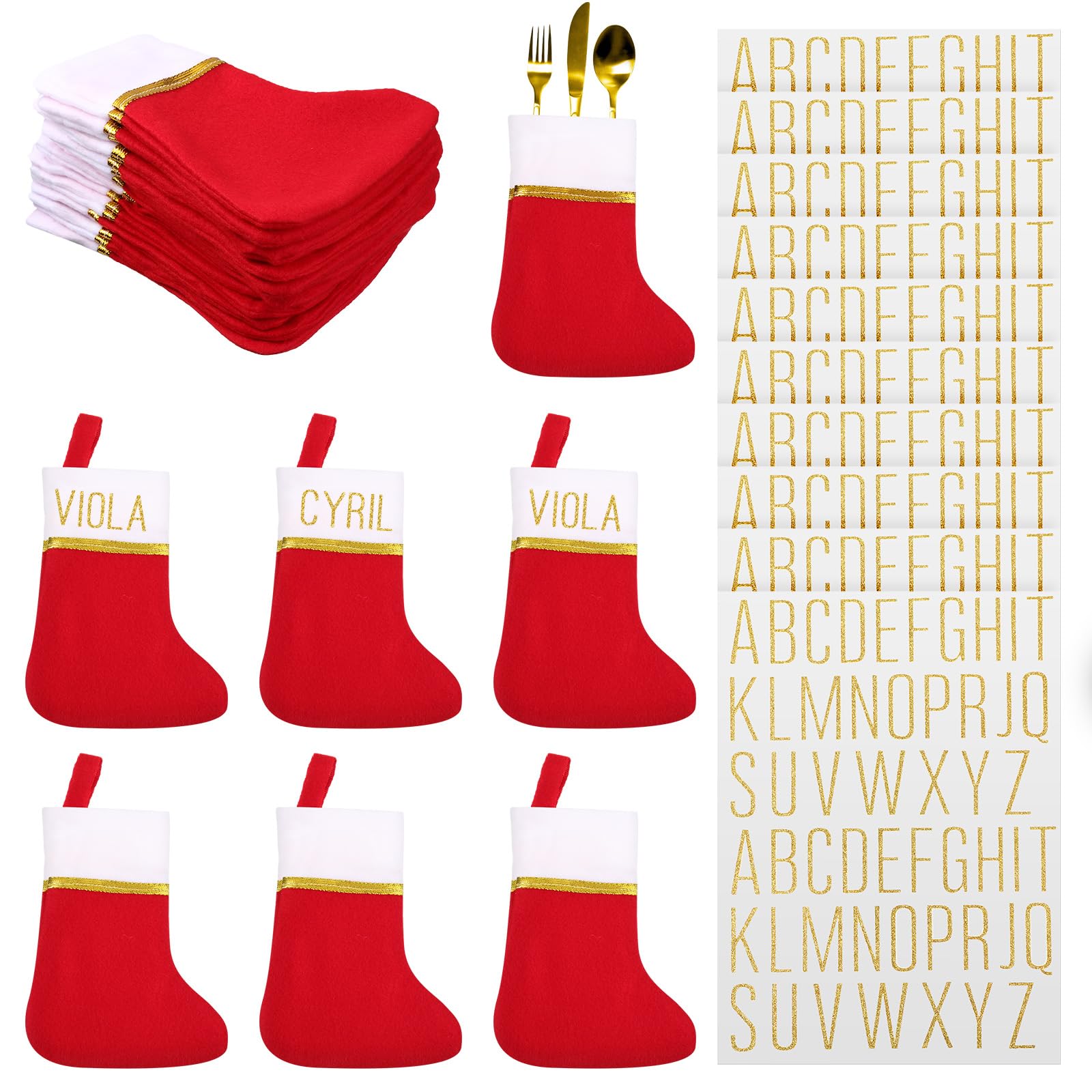 24 Pcs Mini Christmas Stockings Red with 10 Sheets Self Adhesive Vinyl Letters Stickers Kit Mailbox Stick Letters Small Holiday Christmas Stockings Bulk for Xmas (Red and White)