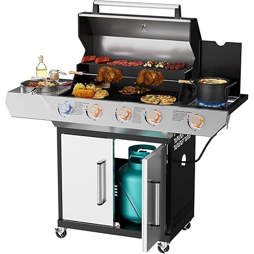 SKOK Led 4-Burner Gas BBQ Grill with Side Burner Led Knob, Barbecue Grill with Porcelain-Enameled Cast Iron Grates, 60,000 BTU Stainless Steel Propane Grill 629 Sq. In. Grilling Area