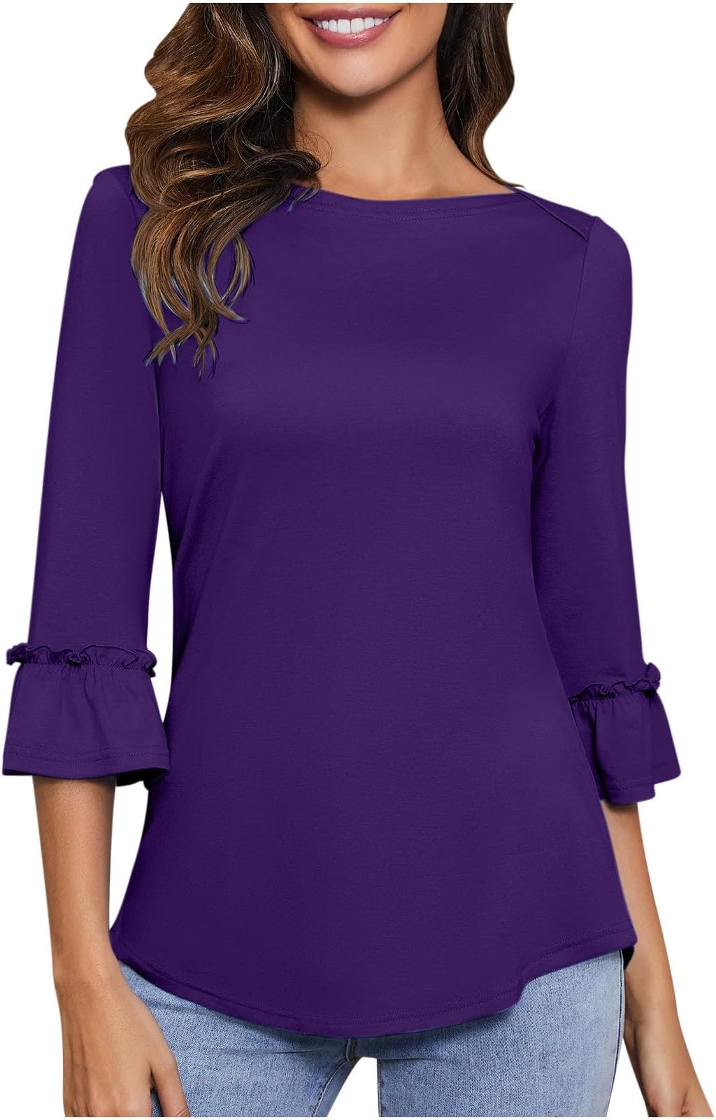 Summer Tops for Women UK Womens Tops Going Out Tops for Women Flared Sleeve Plus Size Lightweight Comfy Pullover Blouses Summer Trendy Solid Shirts Girls Round Neck 3/4 Sleeve Tunic