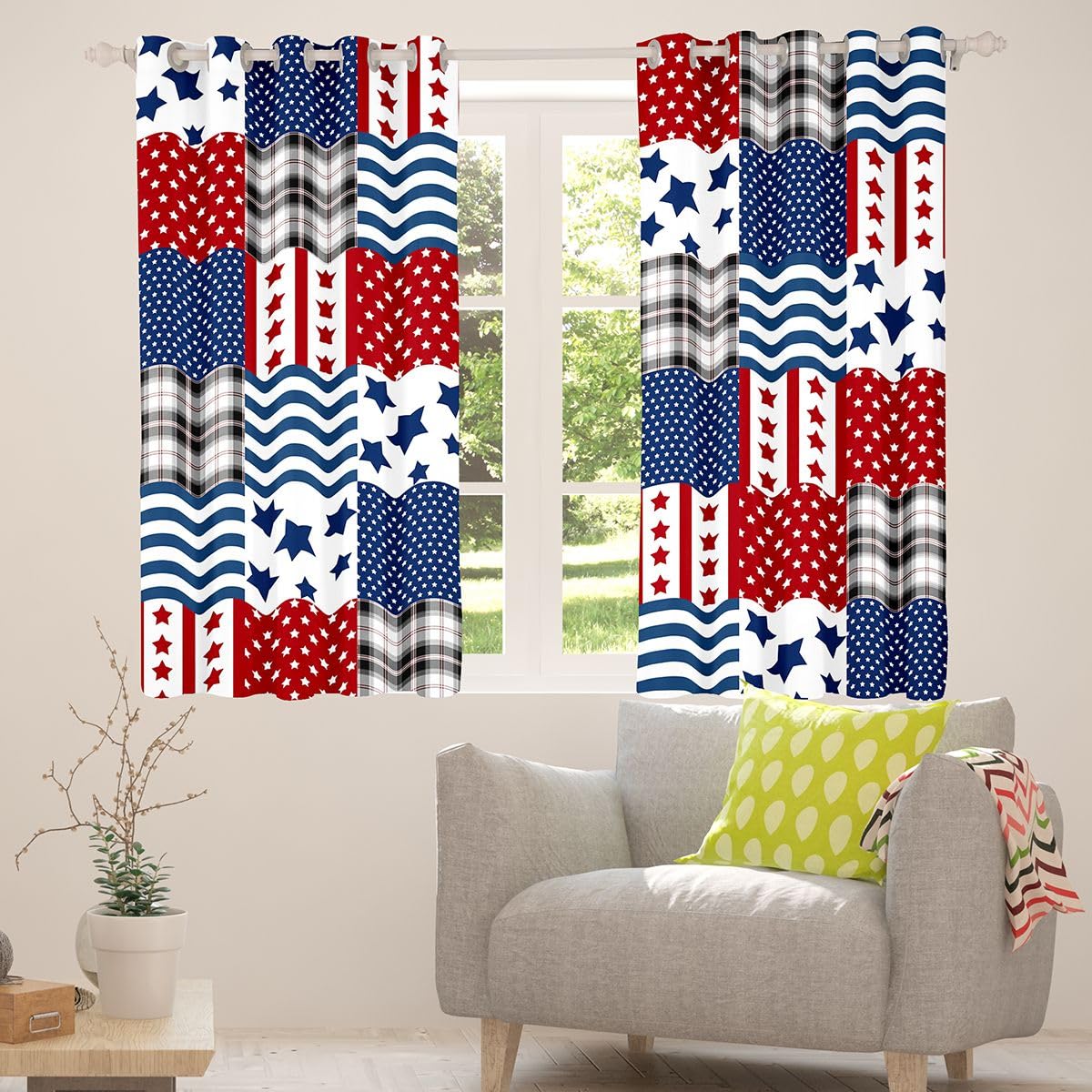Lot de 2 rideaux de fenêtre patriotiques - Taille XXL - 260 x 140 cm - Étoiles et rayures - Imprimé patchwork - Rideaux occultants - Motif géométrique - Bleu marine - Pour adultes et enfants