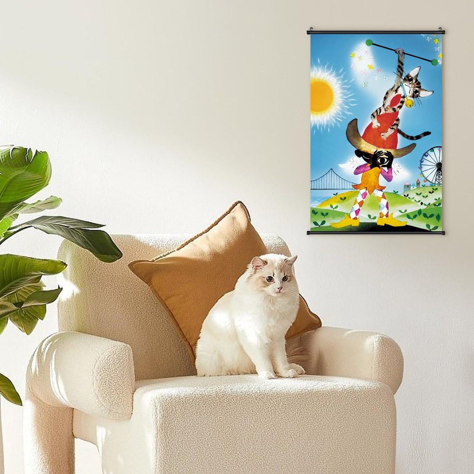 藤城清治直筆画　「幸せをよぶねこちゃん」 Amazon.co.jp: 藤城清治 幸せを呼ぶ猫 掛ける絵 おしゃれ 軸物 壁畫