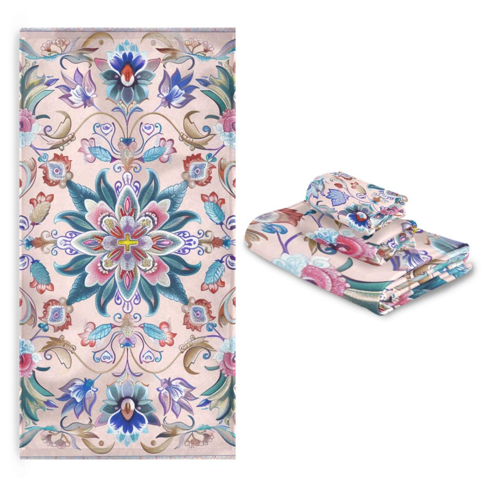 Set di 3 asciugamani morbidi per il viso con fiori di pesco blu, 1 asciugamano da bagno, 1 asciugamano per le mani, 1 panno per la casa, cucina e famiglia