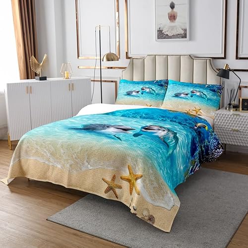 Miniatura 2 de Homewish Juego de 2 piezas de colcha con diseño de delfín, diseño de vida marina y estrellas de mar, coral, para decoración de habitación de niños,