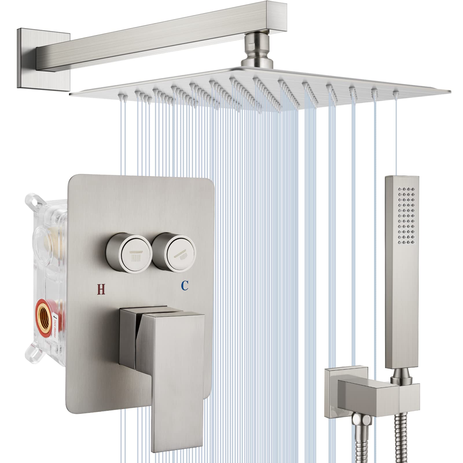 Midanya Rain Shower System Square Rainfall Shower Head Wall Mount Shower Faucet Set with Hand Sprayer Rough-in Valve Trim Kit Bathroom Mixer Shower Combo Set,10 Inch Push Button,Brushed Nickel