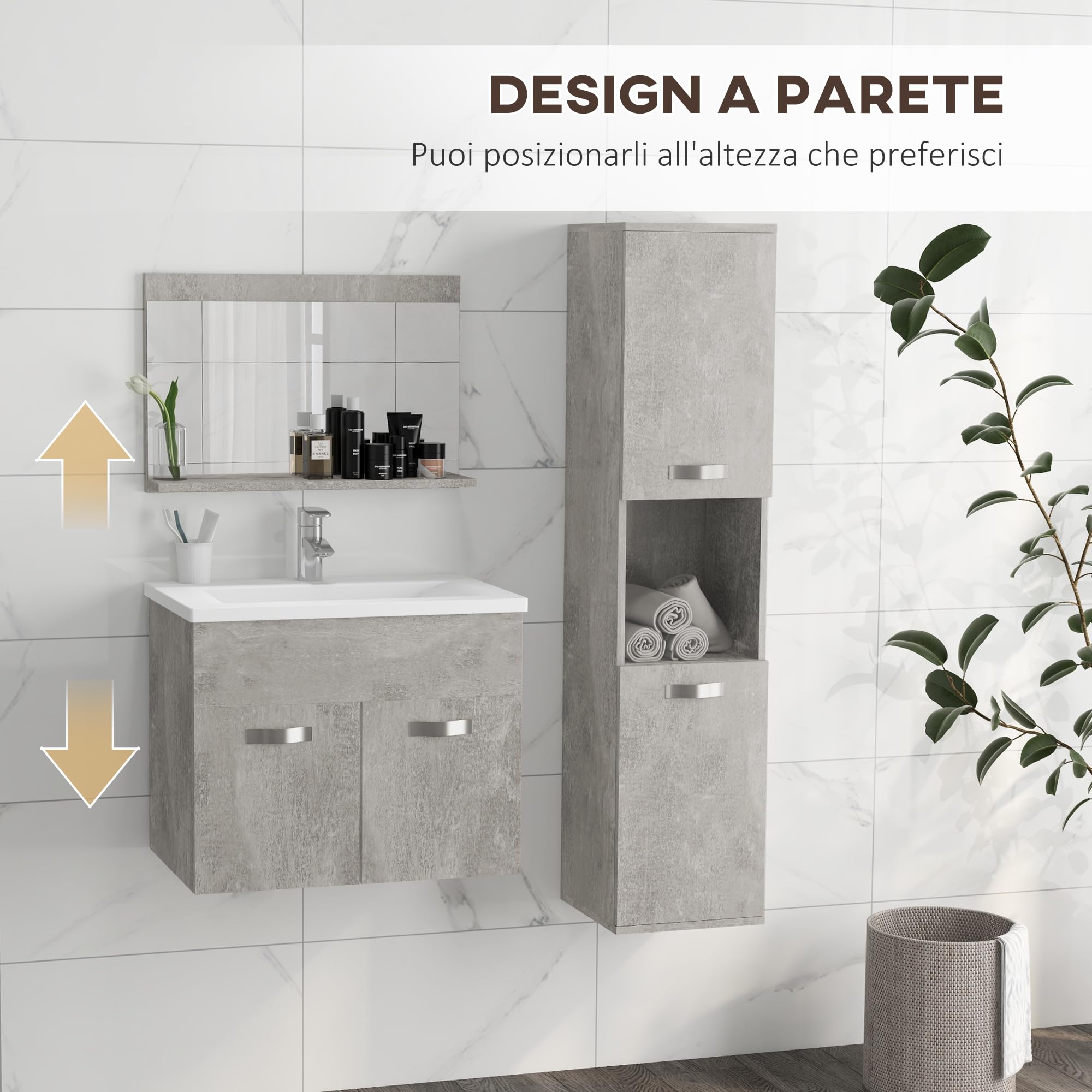 kleankin Set Mobili Bagno da 4 Pezzi con Lavabo da 60cm in Ceramica, Mobiletto Bagno, Colonna Bagno e Specchiera in Legno, Grigio