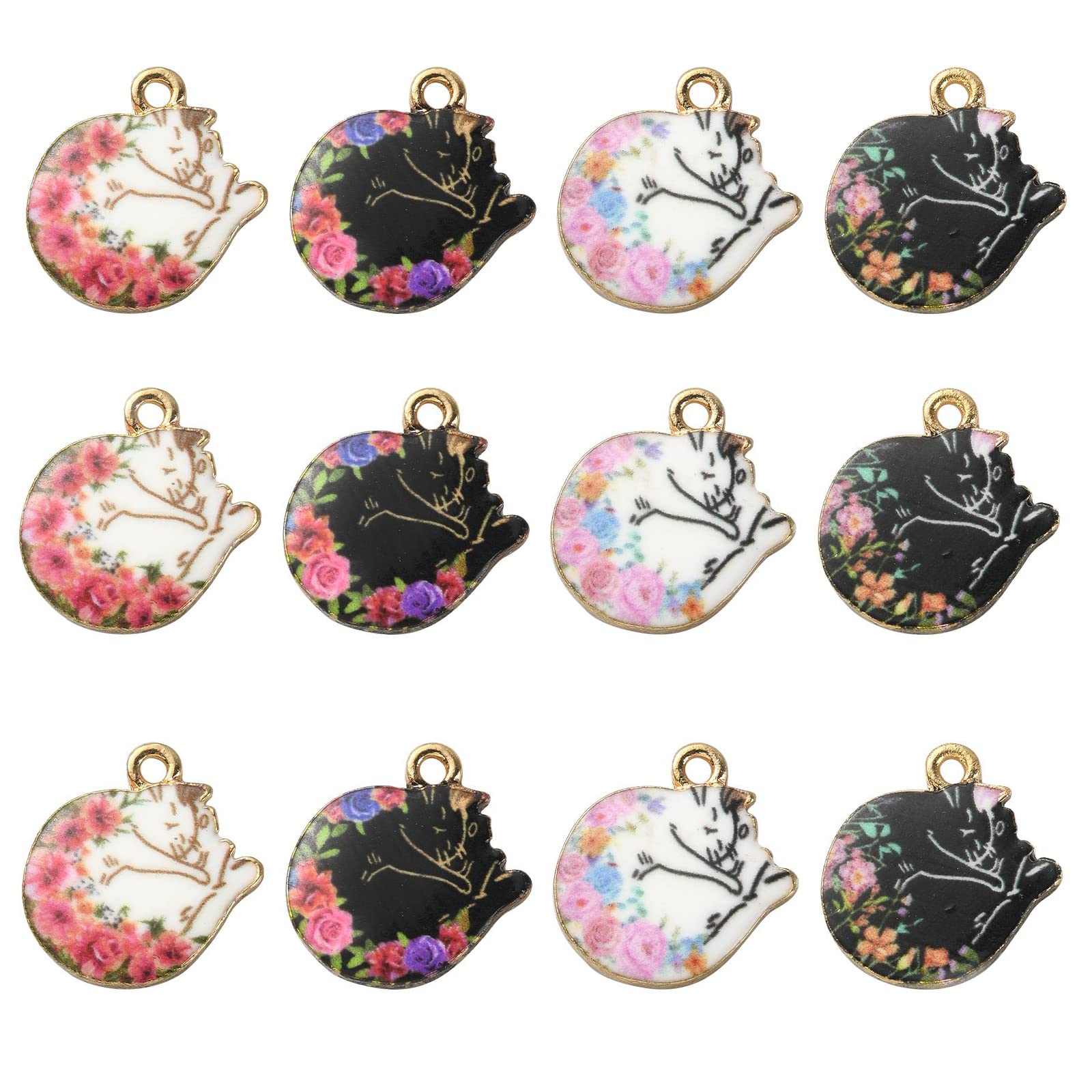 Stiesy 40Pcs 4 Styles Enamel Black White Cat Charms Pendants Flower Printed Kitten Charms Cute Sleeping Cat Dangle Charms for DIY Crafts Bracelet Jewelry Making