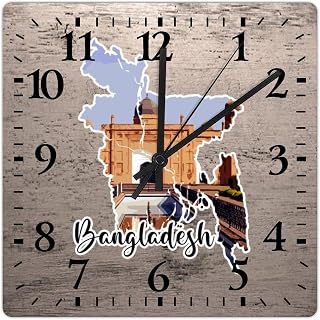 Bangladesh World Landmark Building Wall Clock Bangladesh Map Clock Silent Non-Ticking 10inch Square Wall Clock PVC Clocks for Kitchen Office School Classroom Housewarming Gift