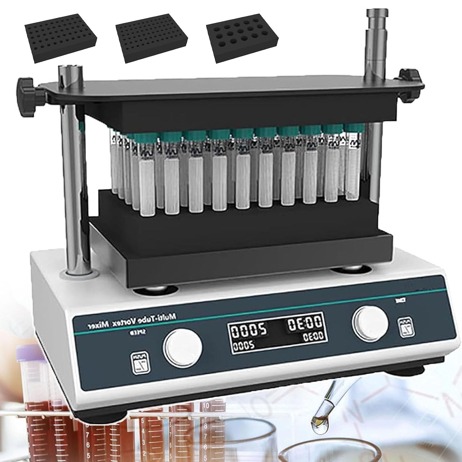 PioMue Vortex Mixer with 3 Tube Modules, 4 mm Horizontal Swing, LCD Digital Display Vortex Shaker,Adjustable Speed 500-3000RPM for Mixing Samples in Tubes
