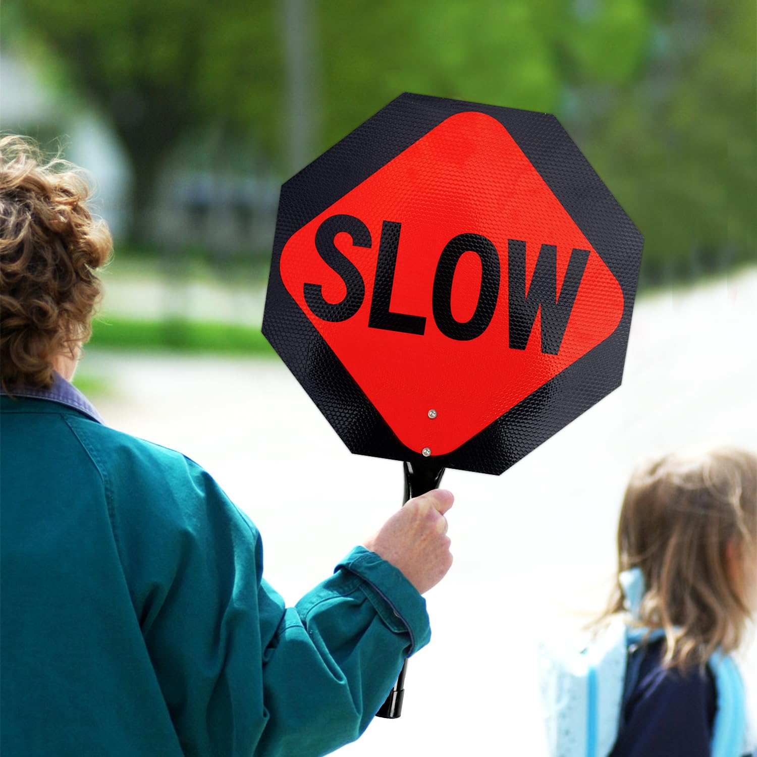 T&R (2 Pack) Stop Slow Sign with Handle, 13 x 13 Inches Double Sided Stop/Slow Traffic Sign, Rust Free Aluminum Reflective, Weather Resistant, Waterproof, Fade Resistant, Easy to Mount. — Amazon image 5