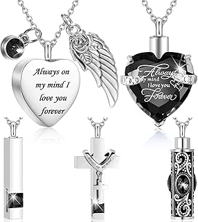 Fumete 5 Pcs Urn Necklace for Ashes Cremation Keepsake Necklace for Ashes of Loved Heart Cross Cubic Stainless Steel Memorial Locket Urn Keepsake Jewelry for Women Men, 5 Styles
