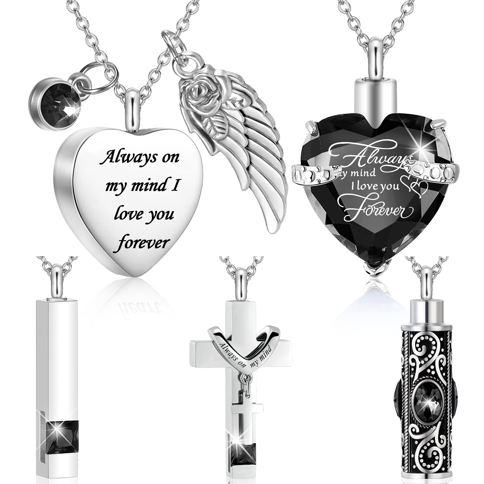 Fumete 5 Pcs Urn Necklace for Ashes Cremation Keepsake Necklace for Ashes of Loved Heart Cross Cubic Stainless Steel Memorial Locket Urn Keepsake
