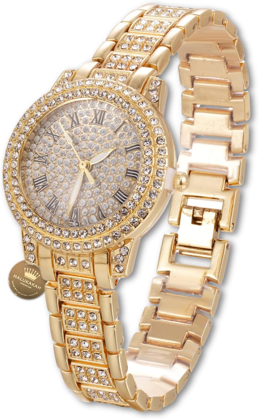 Halukakah Diamonds Watch Iced Out for Boy Teens Kids – 18K Real Gold/Platinum Plated, 32mm Round Dial, Japanese Quartz – 7.5″ Length – Optional with Cuban Link Chain – for Birthday, Parties
