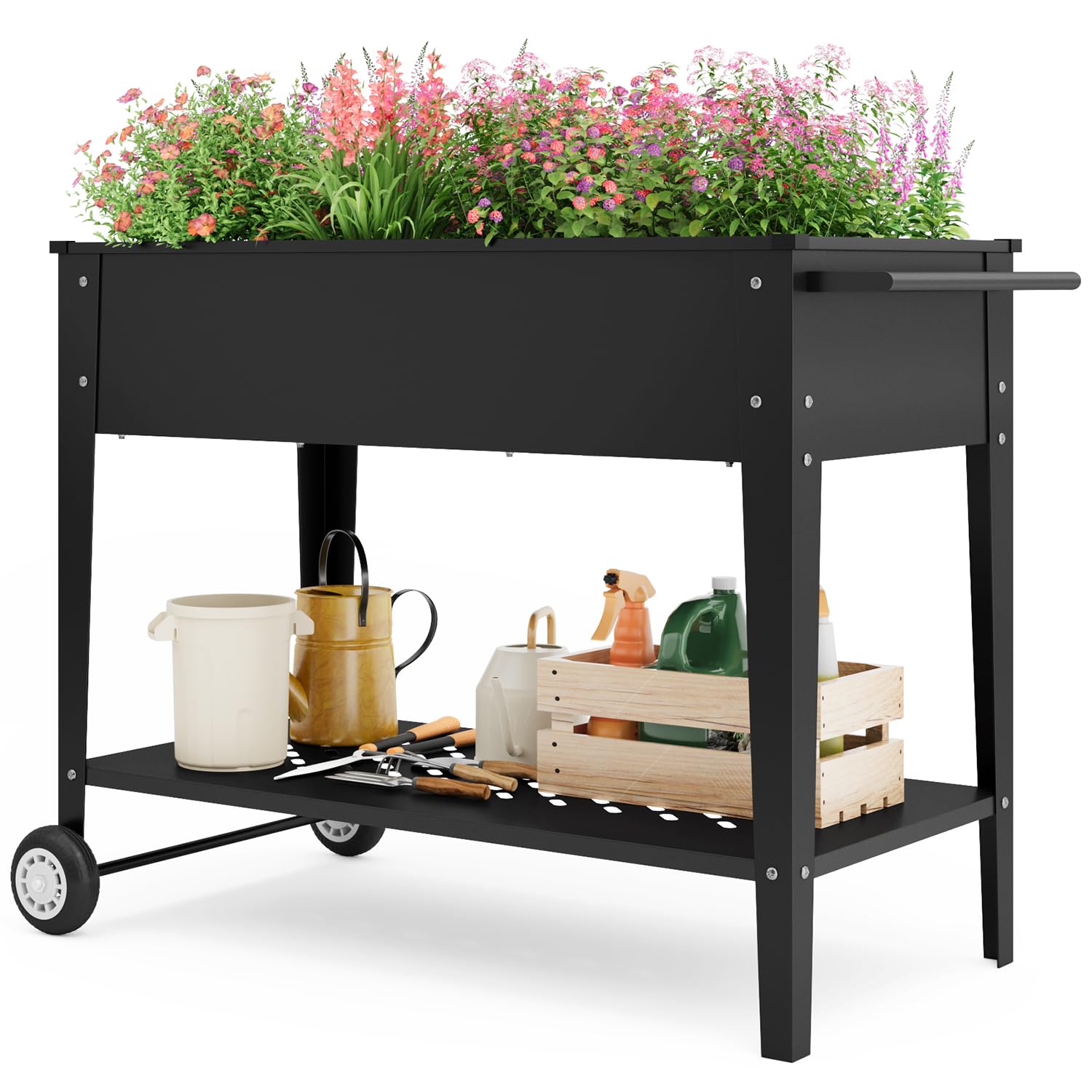 Xbro Orto Rialzato con Ruote e Ripiano, Fioriera da Giardino in Metallo 104x41x80 cm, con Foro di Drenaggio, per Erbe, Verdure e Fiori, Nero