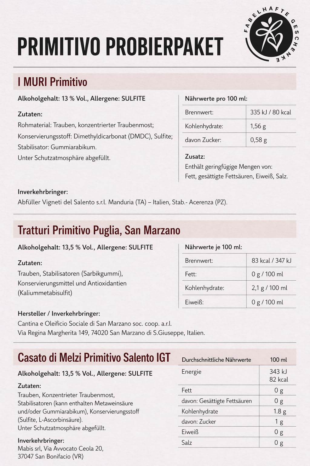 6er Probierpaket Primitivo zum Kennenlernen | Rotwein aus Apulien | trocken | 6 x 0,75 L.