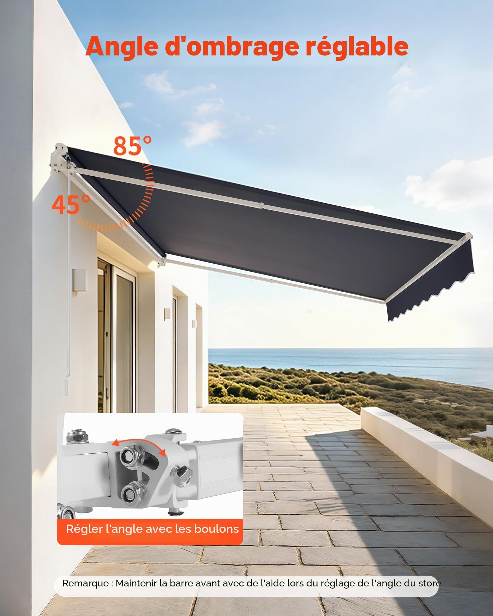 VEVOR Store Banne Manuel 350x300 cm Auvent Rétractable pour Terrasse et Balcon, Extérieur, Devantures de Cafés, de Restaurants, de Boutiques, avec Manivelle, Angle d'Inclinaison 45°-85°, Gris Foncé