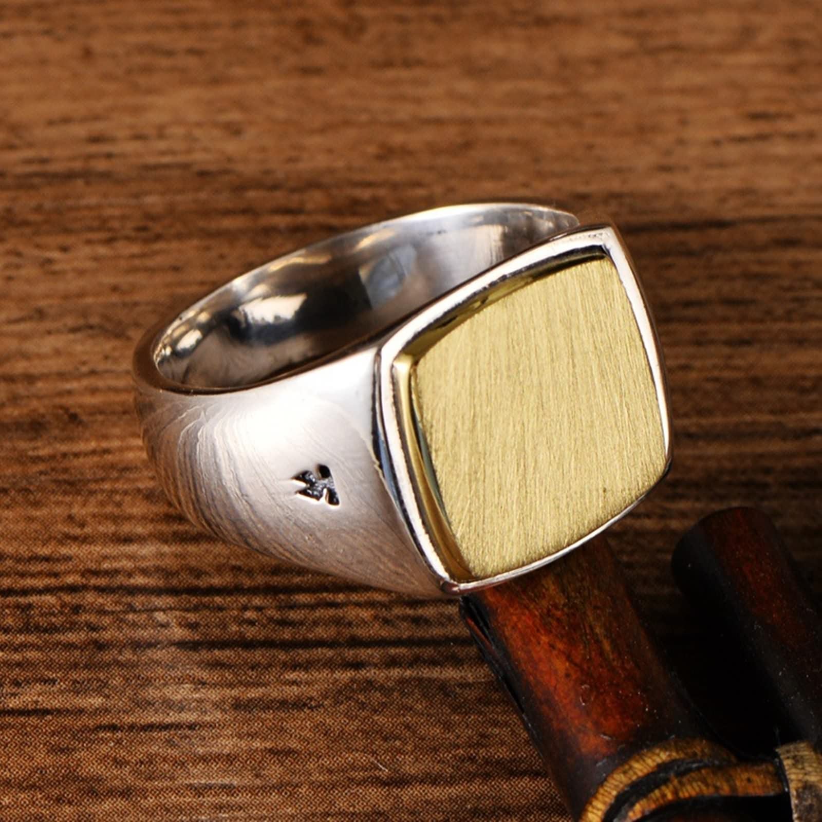 Ringe für Herren aus Silber 925, Punk-Gothic-Ring, Größe O bis X, Siegelring aus gebürstetem Gold, Breite 10 mm