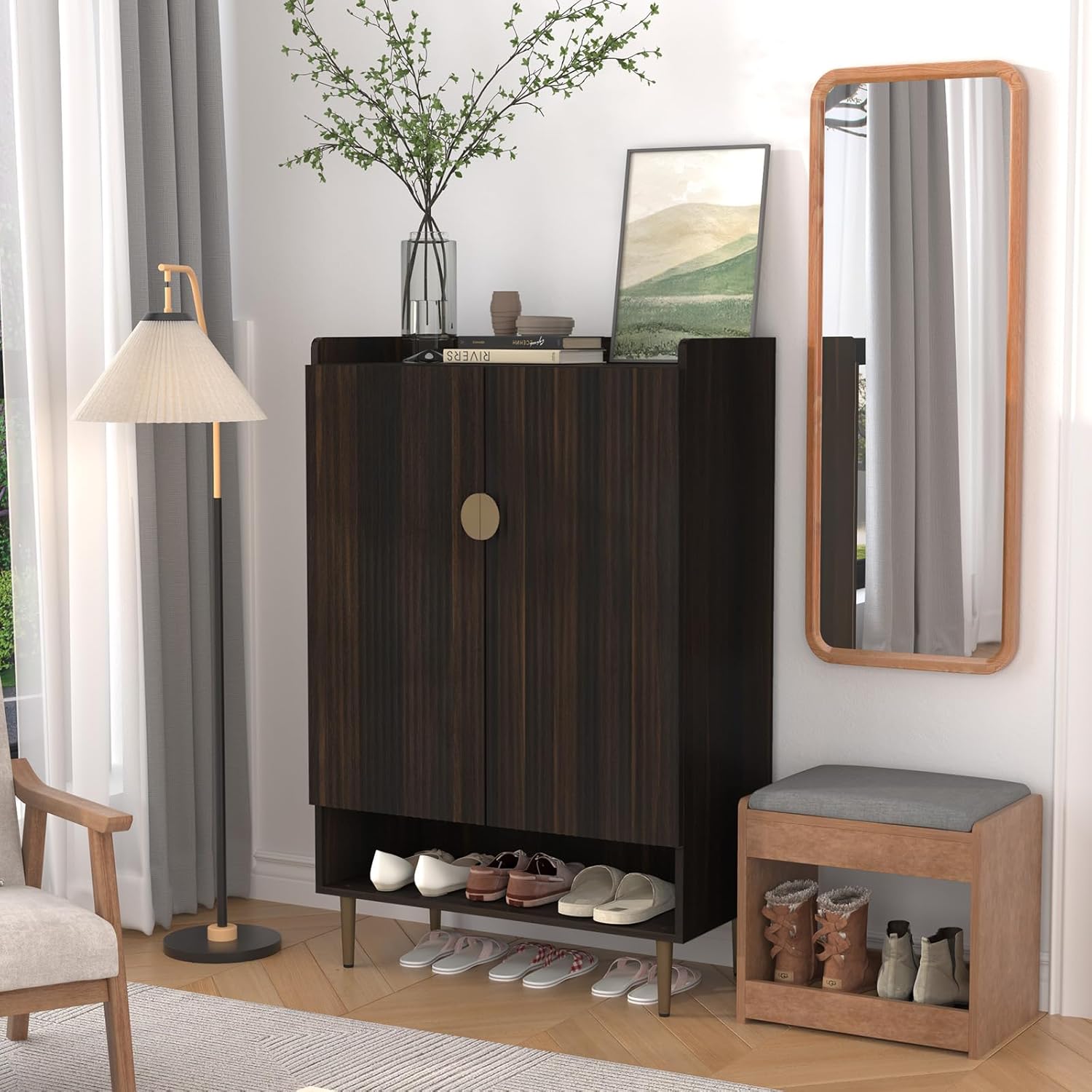 HLR Shoe Cabinet Storage for Entryway, 6-Tiers Modern Shoes Cabinet with Fluted Doors, Wood Shoes Rack with Adjustable Shelves, Shoe Organizer for Front Door Entrance, Living Room, Brown
