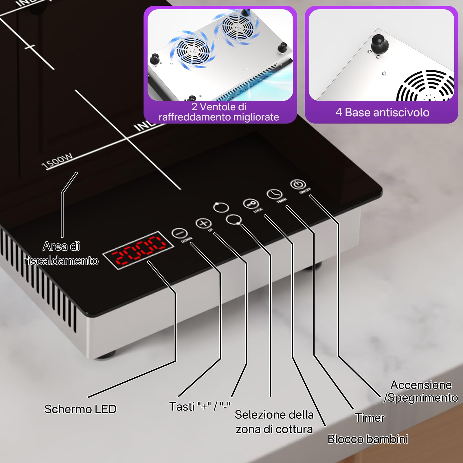 Piano Cottura a Induzione Doppio, 3500W Cucina Elettrica Portatile 2 Zone 2000W+1500W, 8 Livelli di Potenza, Timer, Blocco Bambini, Da Incasso o Da Appoggio 220-240V