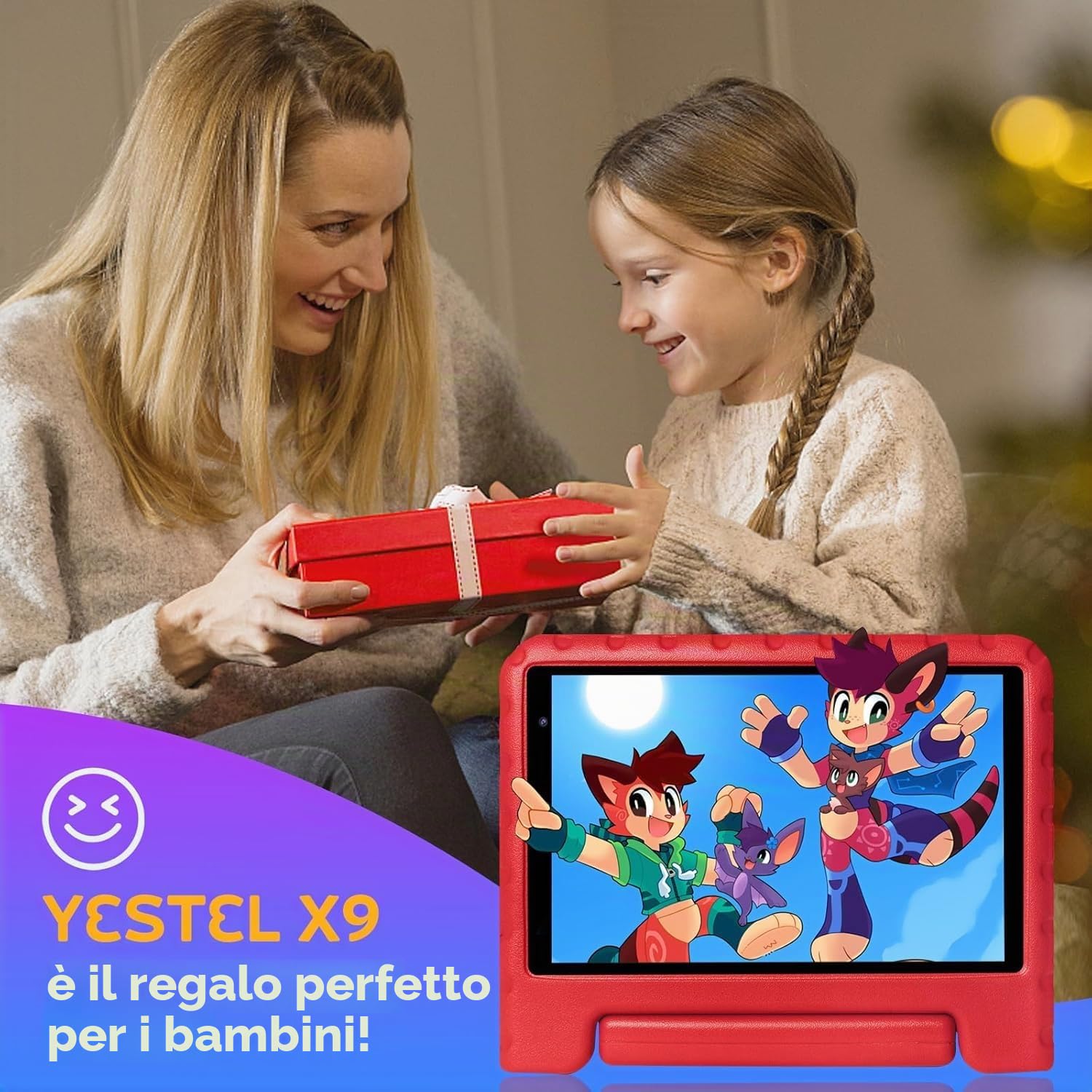 Tablet per bambini da 8 pollici, Android, 7 GB di RAM + 64 GB di ROM (1 TB TF), Wi-Fi 6, controllo parentale, schermo HD 1280×800, tablet per bambini con custodia antiurto in EVA, rossu
