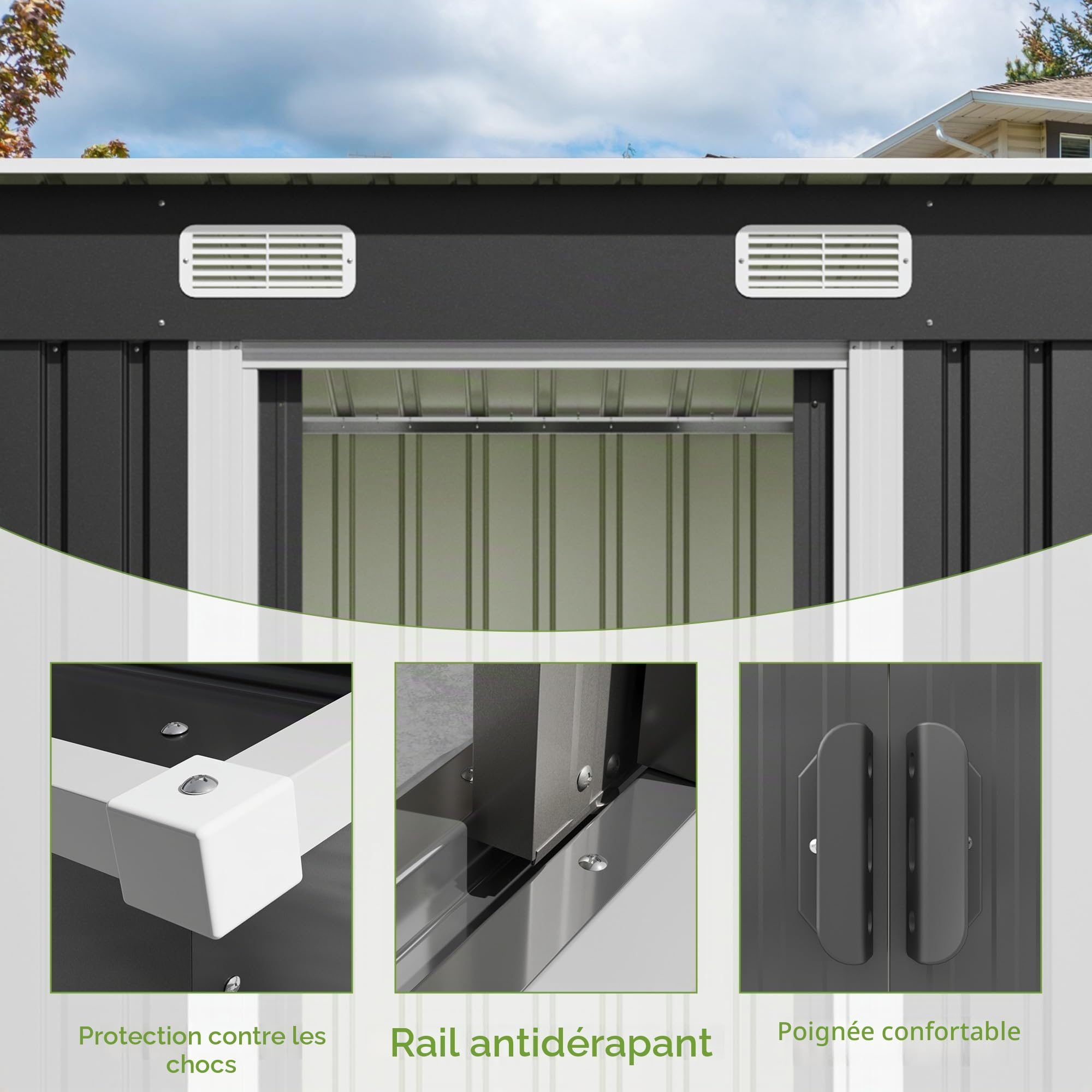 TRIUMPHKEY Abri de Jardin en métal 183x109x182cm avec Fondation 3,6m³ Abri de Jardin avec Toit en appentis et 2 Portes coulissantes, Anthracite, Garage à vélos, Résistant aux intempéries pour Outils