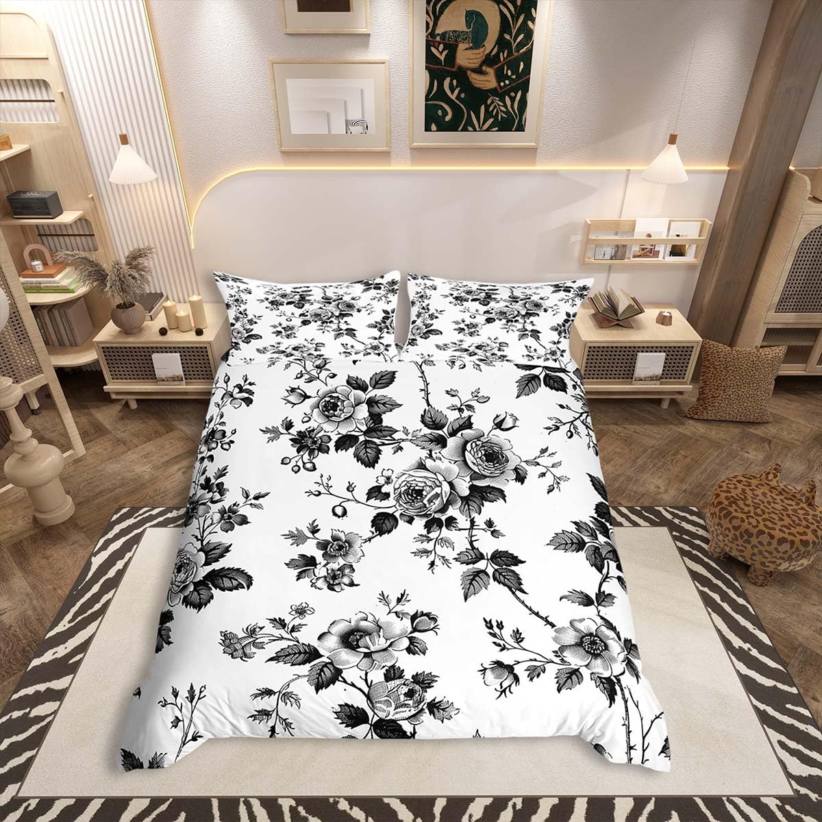 Homemissing Flower Bedding Duvet Cover Set Double Size Botanical Floral Printed Bedding Set Blossom Flowers Pattern Comforter Cover Set Natural Theme Bedspread Cover Black White,No Comforter — image 1