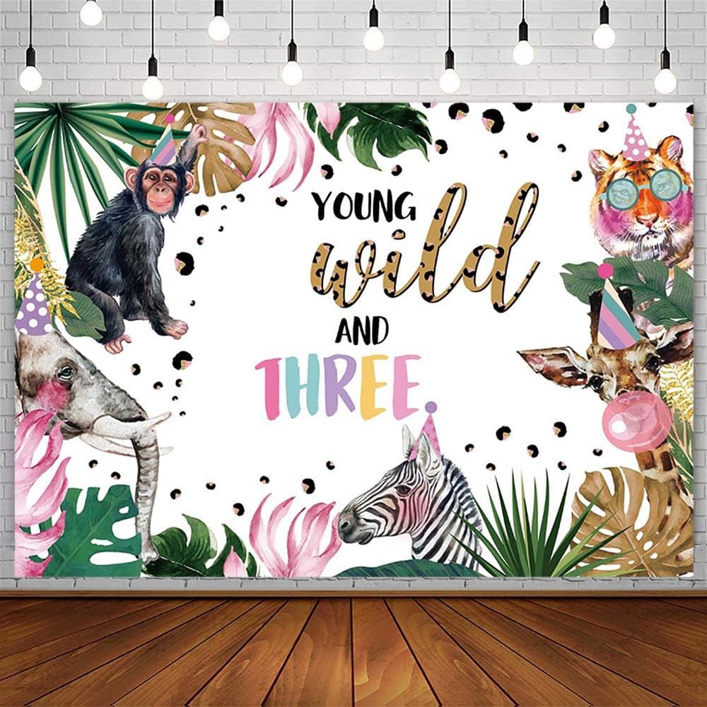 10x7ft Young Wild and Three Birthday Backdrop Safari Jungle Wild Animals Third Birthday Party Decorations Supplies Young Wild and Three 3rd Bday Photography Background Banner Cake Table Props