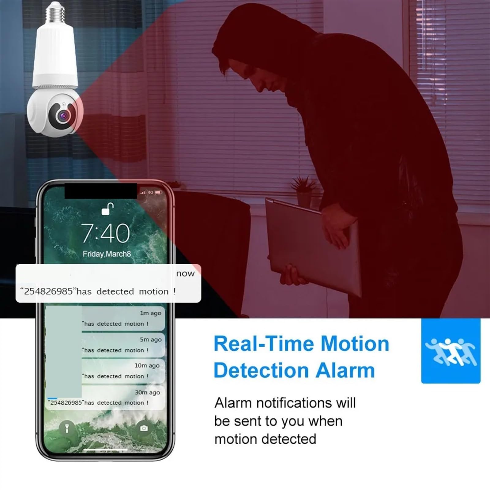 Camera Surveillance, Caméra IP d'intérieur à ampoule , Vision nocturne polychrome, suivi automatique, vidéosurveillance intelligente, moniteur de sécurité sans fil avec support E27 ,Sécurité, Antivol(