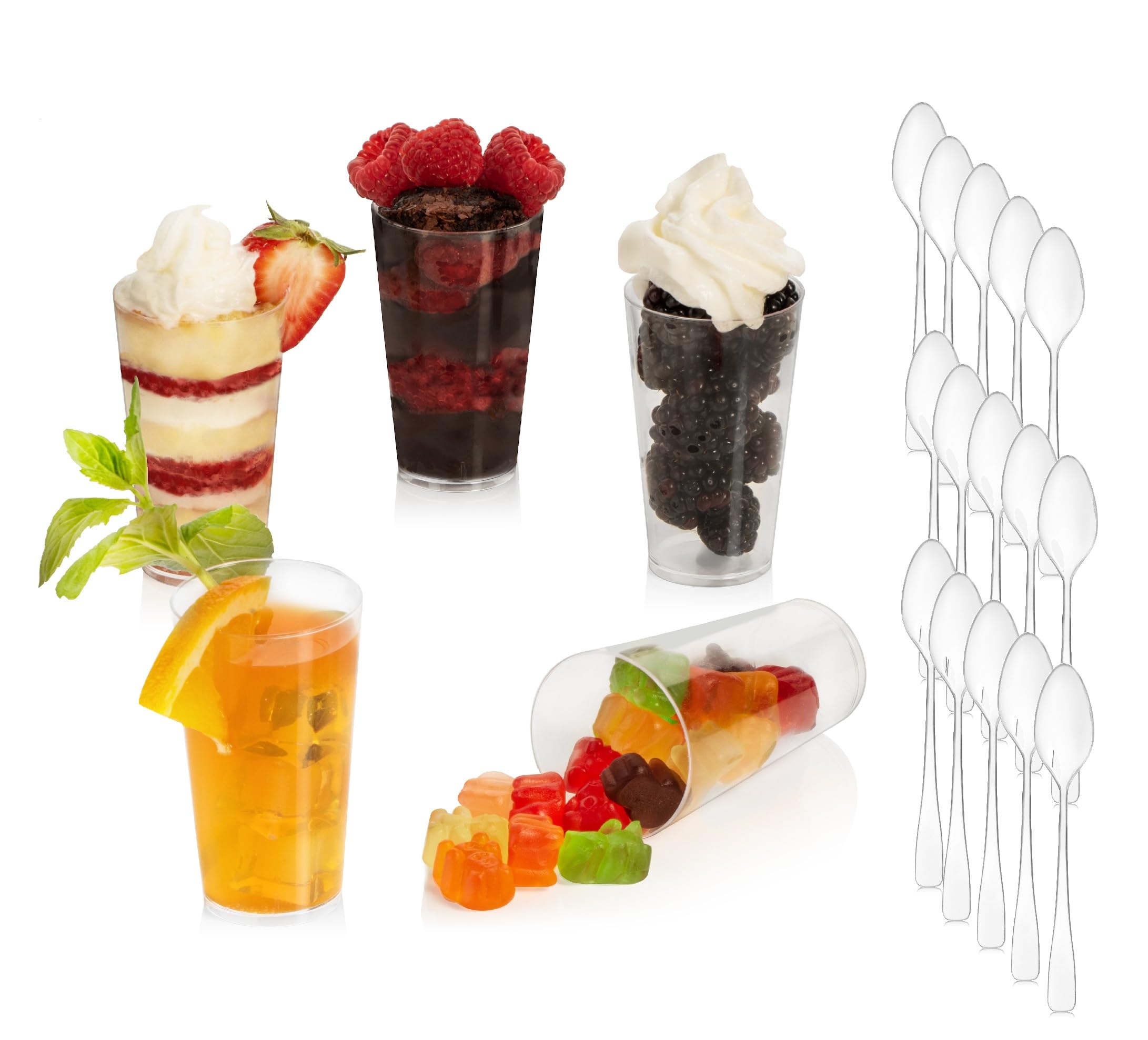 LSR LORESO Mini Round Tall Dessert Cup 96 pcs with Spoons 3 oz - Tall Tumbler Shooter Clear Plastic Cups for Drink, Dessert, Appetizer and tasting, Small Round Shot Cup - Reusable 96CT with Spoons