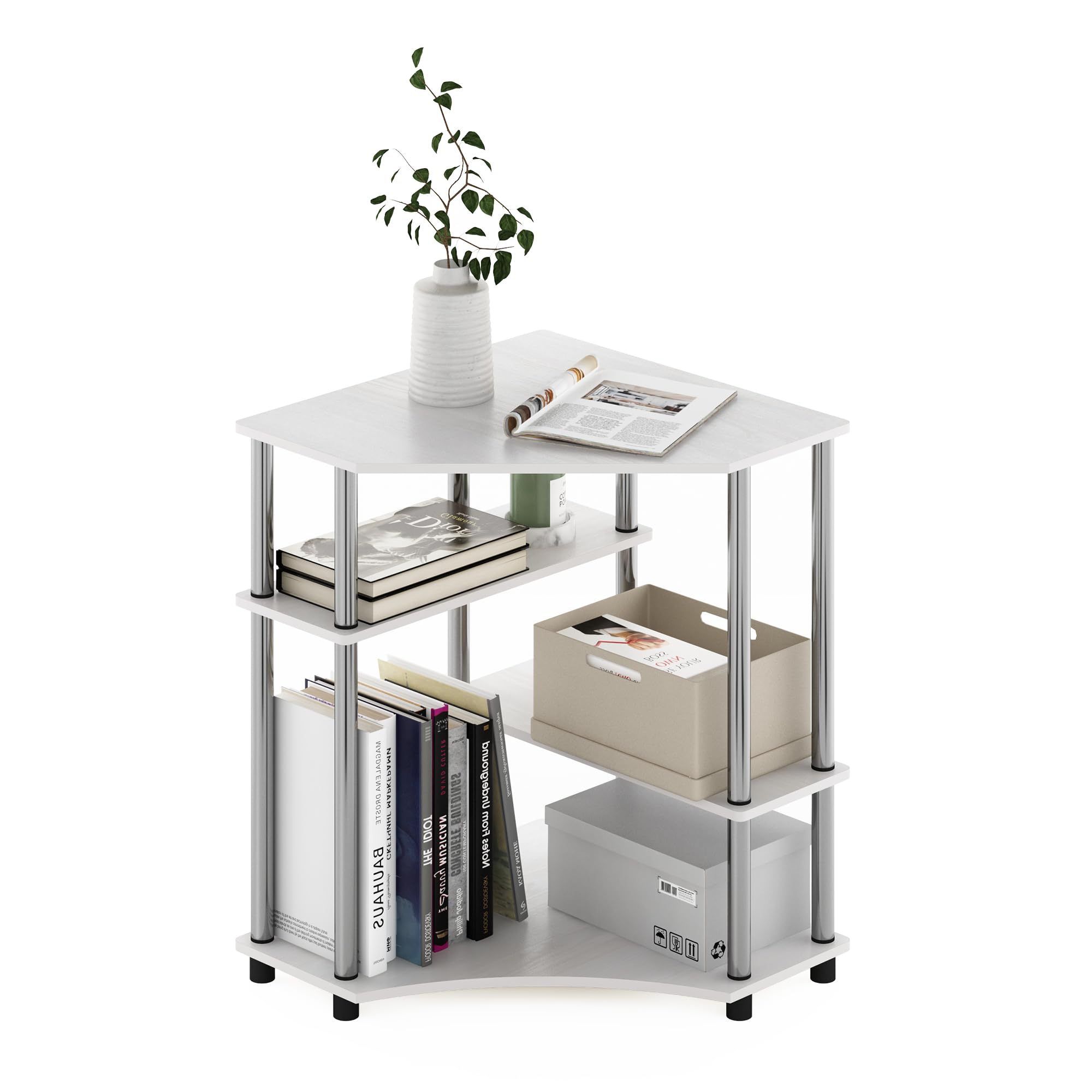 Furinno Turn-N-Tube Space Saving Corner Desk with Shelves, White Oak, Stainless Steel Tubes, 79 (W) x 72.4 (H) x 57.2 (D) cm