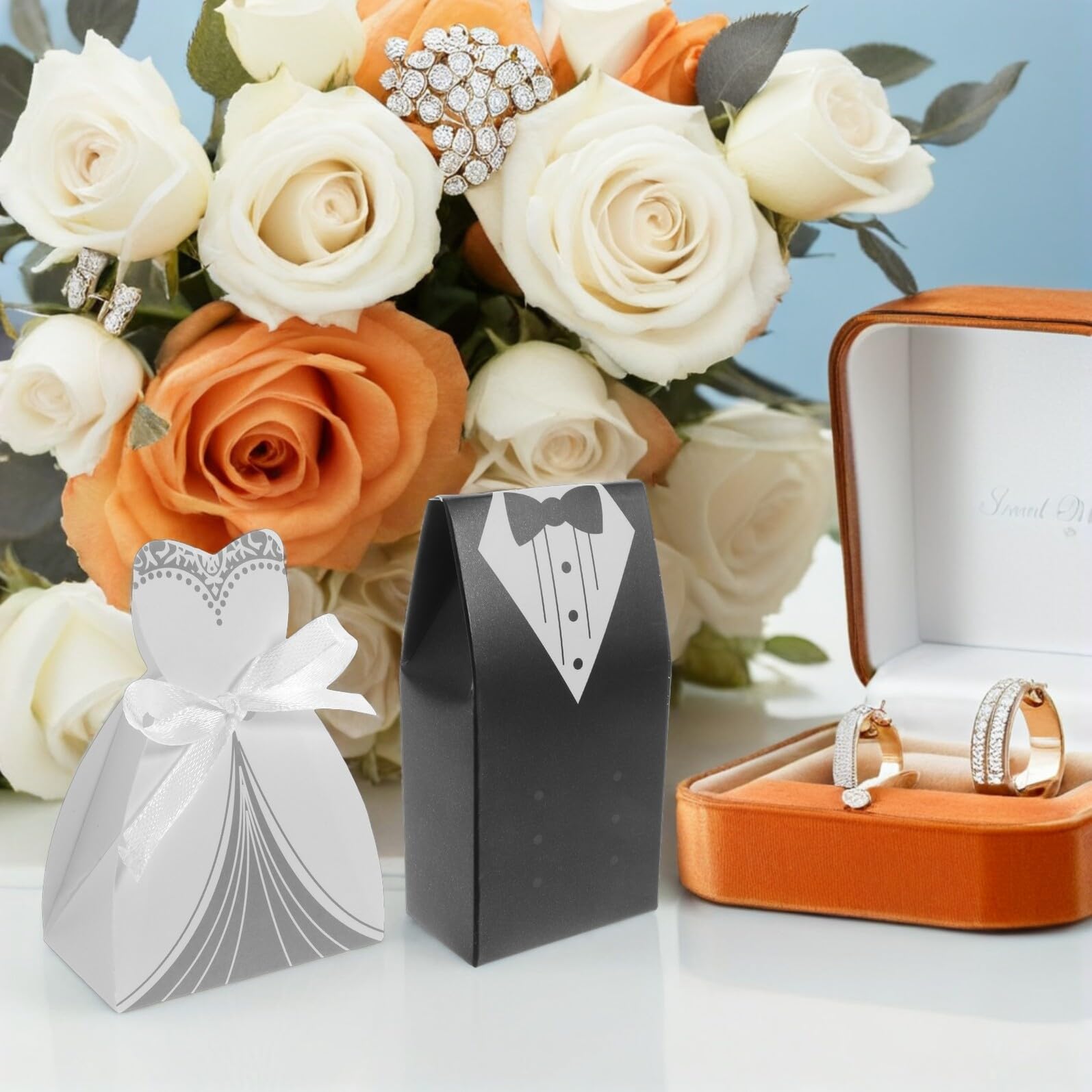 jojofuny 200 Cajas para Bodas Forma de Esmoquin y Vestido Cajas de Dulces Decorativas Plegables 200 Piezas para Regalos y Decoración de Fiesta Nupcial